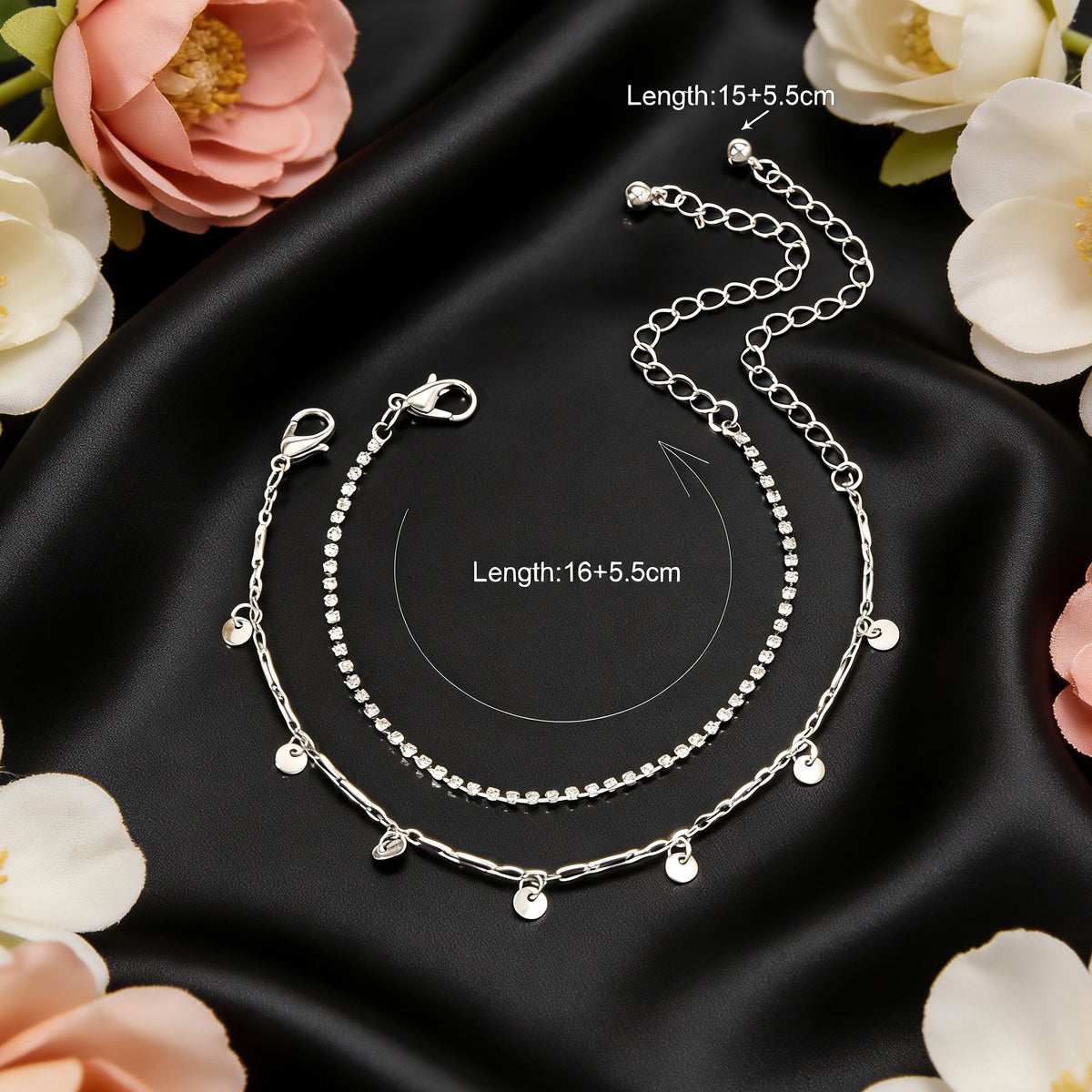 2pcs Women Rhinestone Gold Silver Chain Disc Charm Bracelet Fashion Accessories