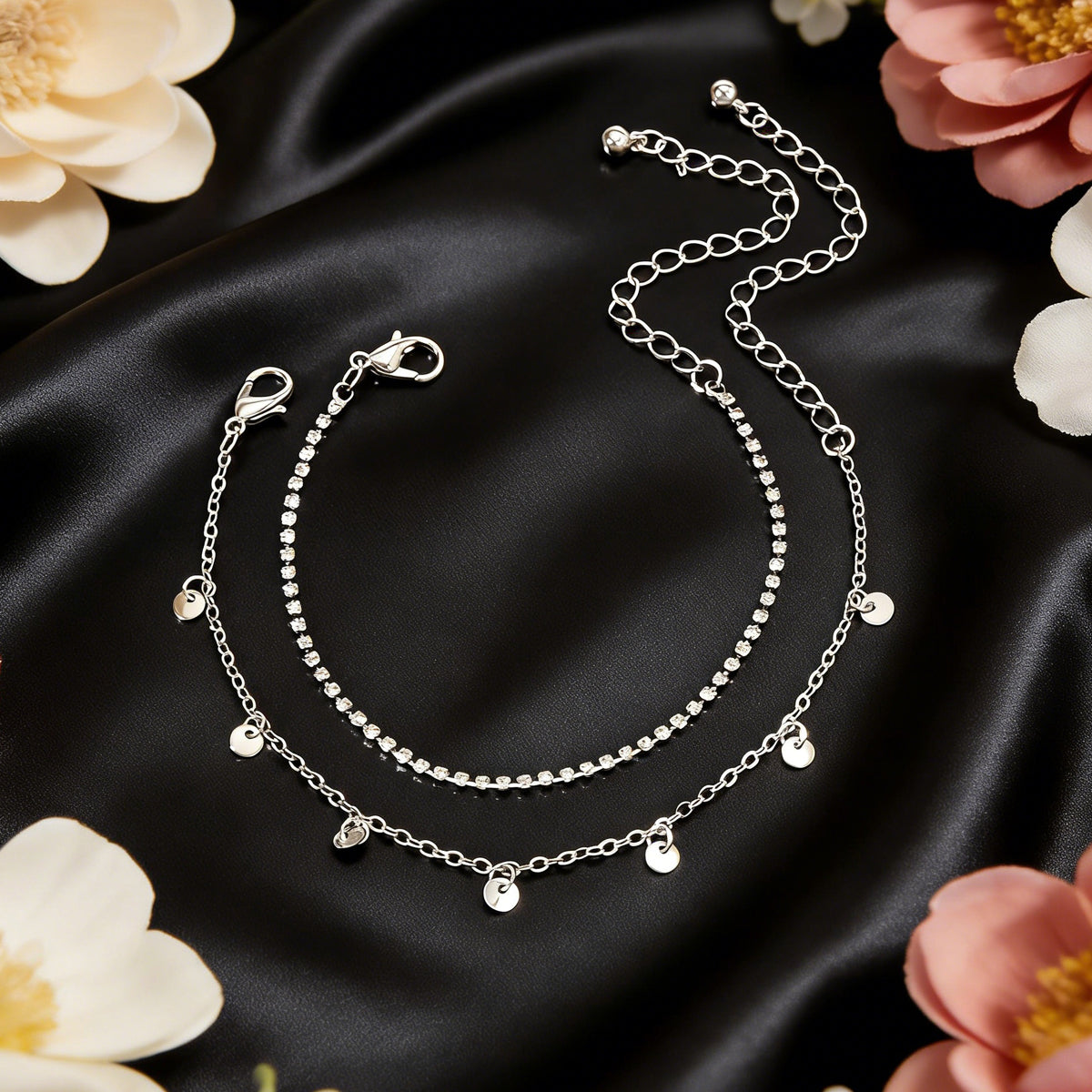 2pcs Women Rhinestone Gold Silver Chain Disc Charm Bracelet Fashion Accessories