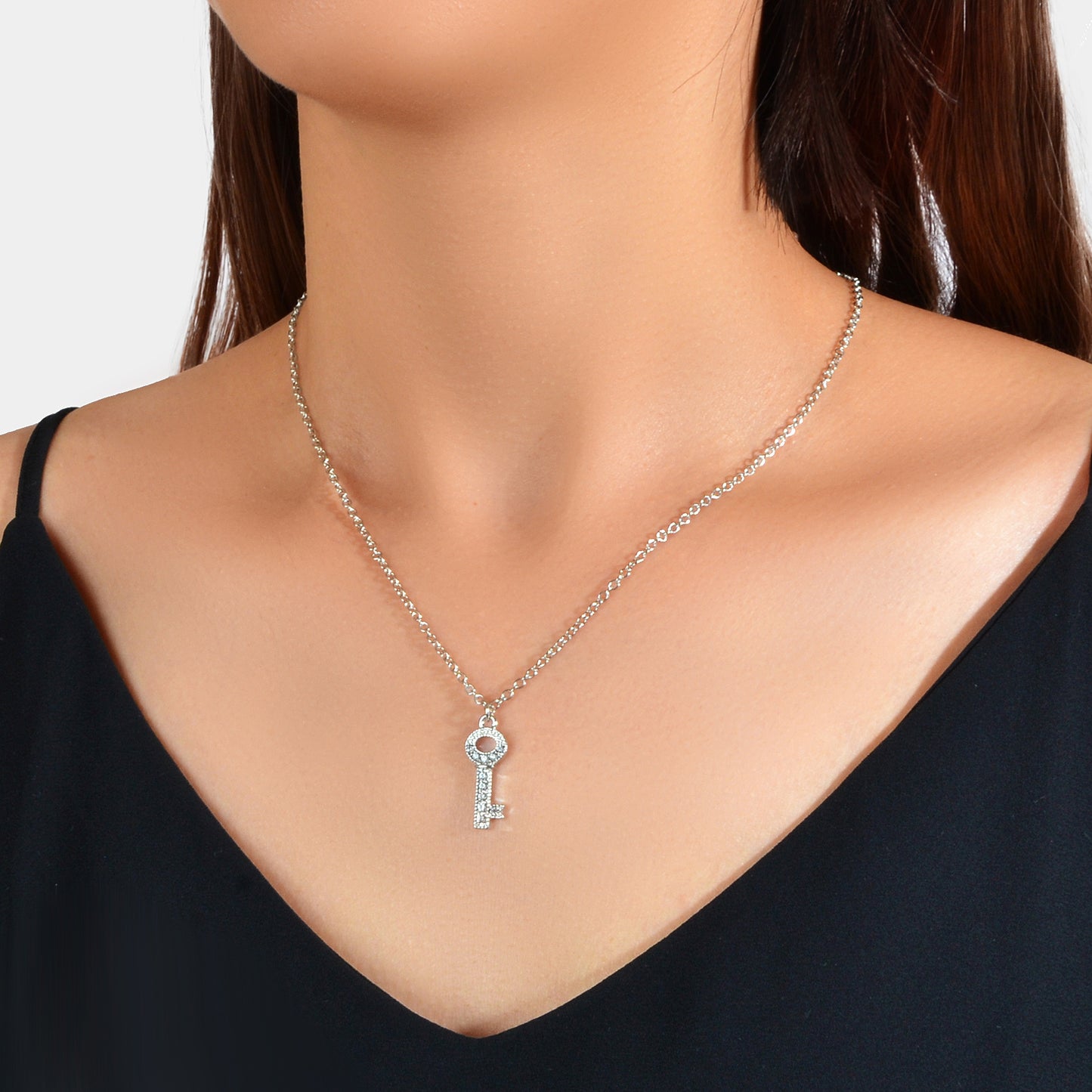 Perfect Engagement Jewellery Shining Silver Chain Rhinestone Key Charm Necklace