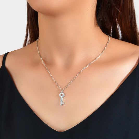 Perfect Engagement Jewellery Shining Silver Chain Rhinestone Key Charm Necklace