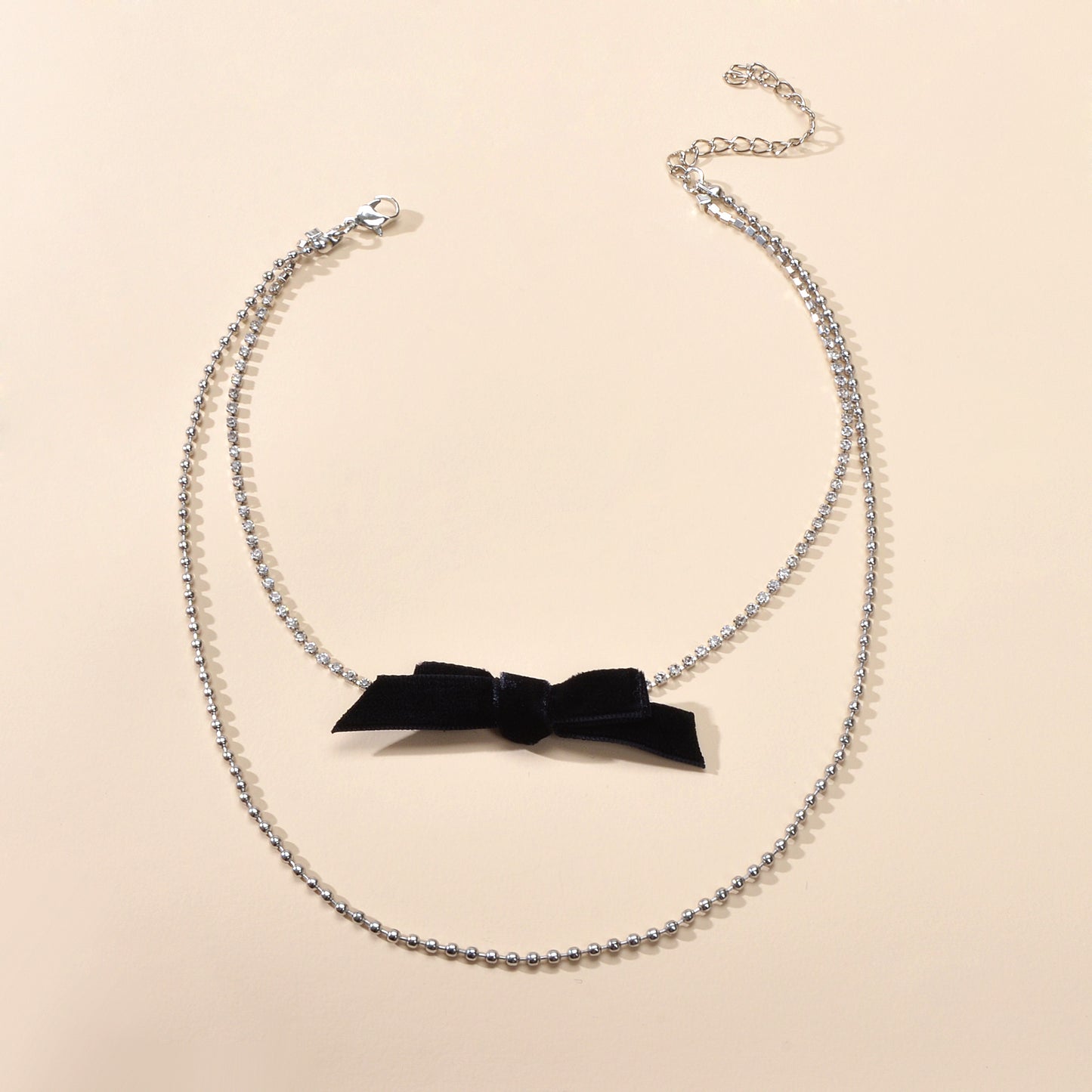 Retro Rhinestone Double layer Popcorn Silver Chain Black Velvet Bowknot Necklace