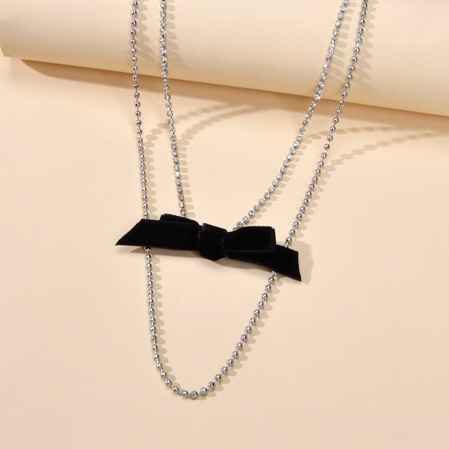 Retro Rhinestone Double layer Popcorn Silver Chain Black Velvet Bowknot Necklace