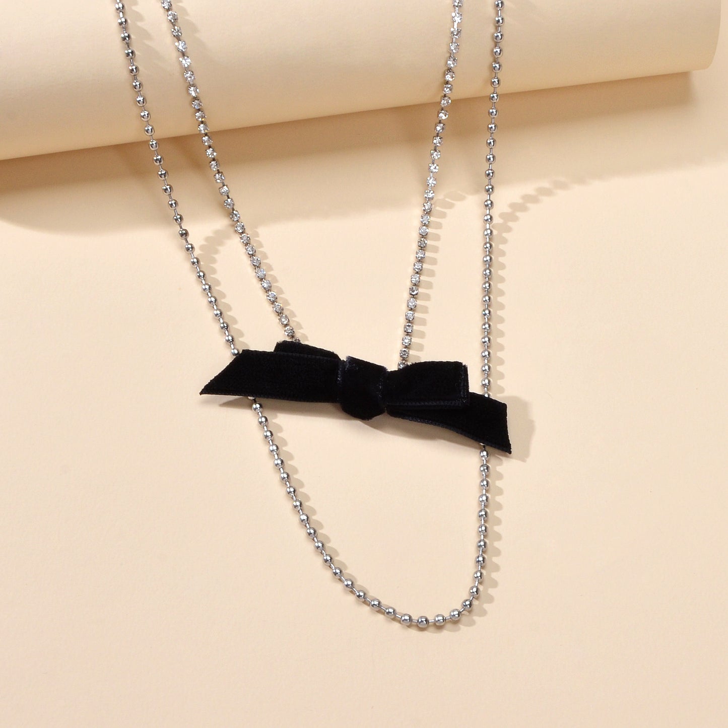 Retro Rhinestone Double layer Popcorn Silver Chain Black Velvet Bowknot Necklace