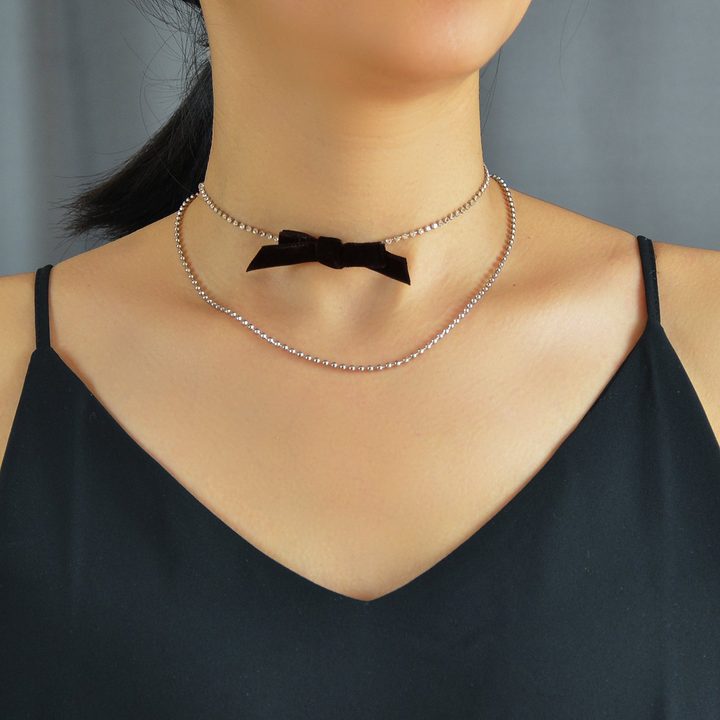 Retro Rhinestone Double layer Popcorn Silver Chain Black Velvet Bowknot Necklace
