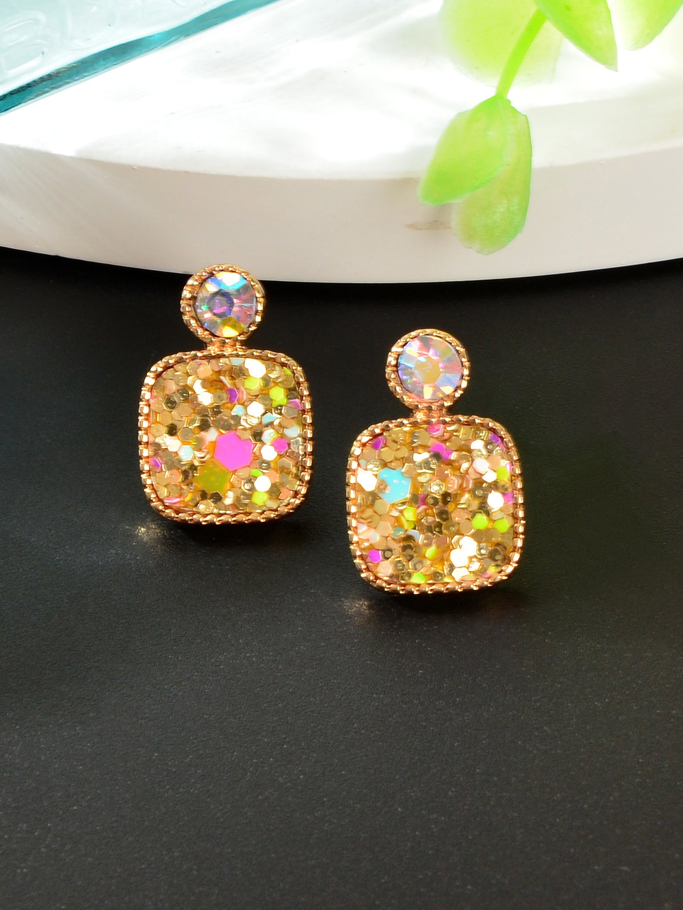 Colorful Square Glitter Sparkle Stud Earrings - Trendy Fashion Jewelry Accessory