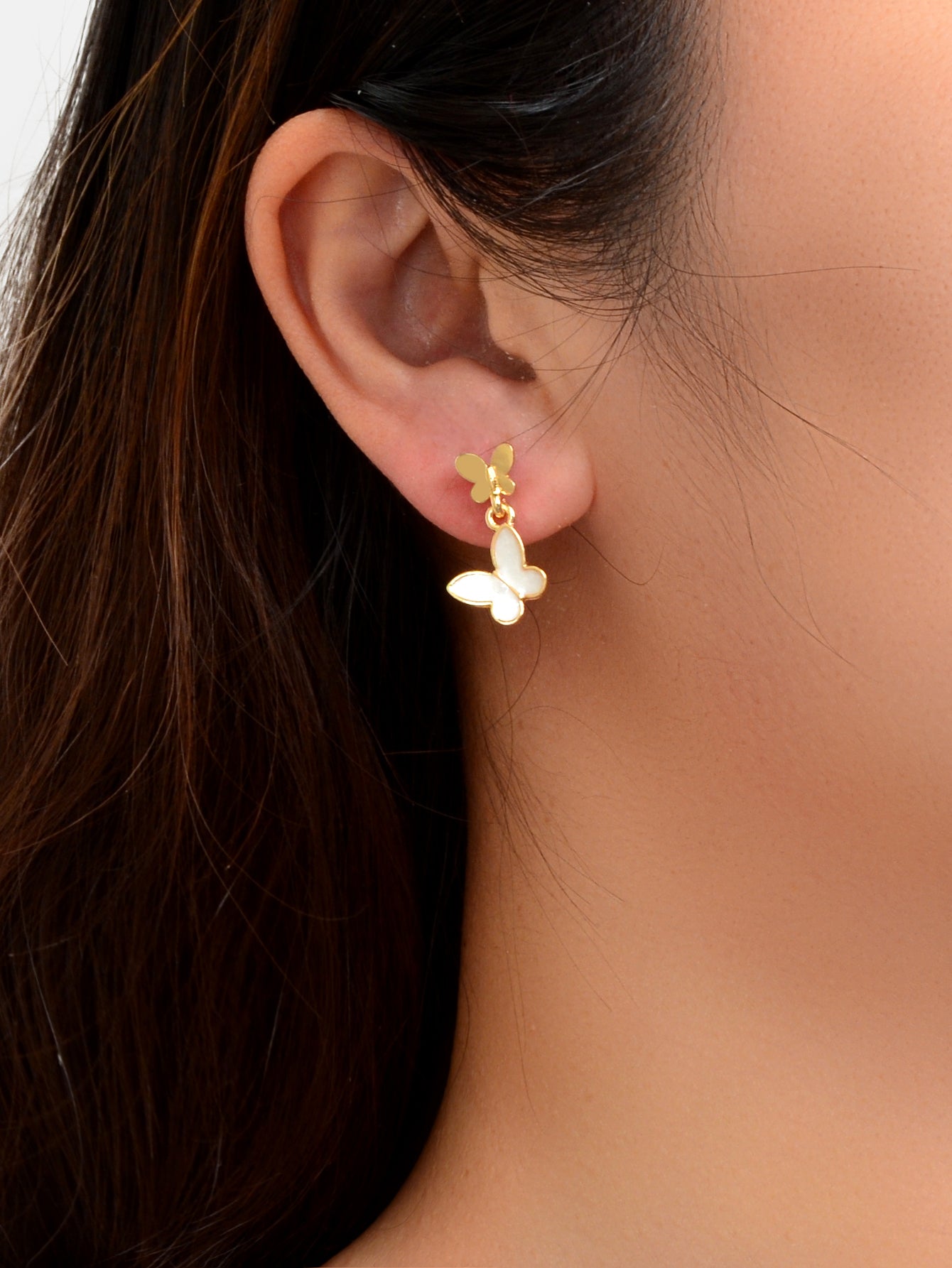 Delicate White Enamel Gold Plated Butterfly Charm Stud Earrings Girl Dainty Gift