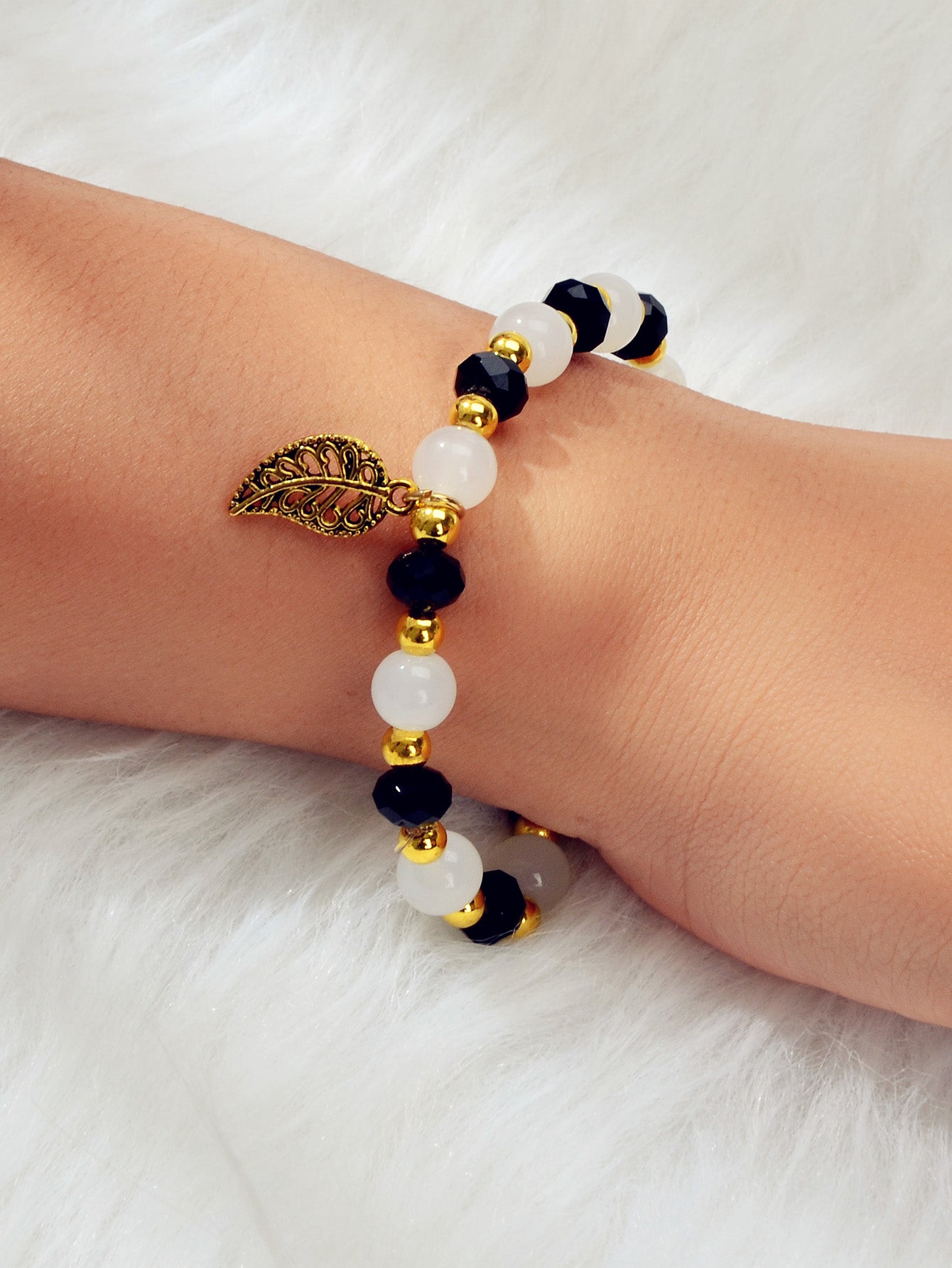 Ethnic Traditional Jewellery Handmade Beads Elastic Leaf Charm Bangle Bracelet