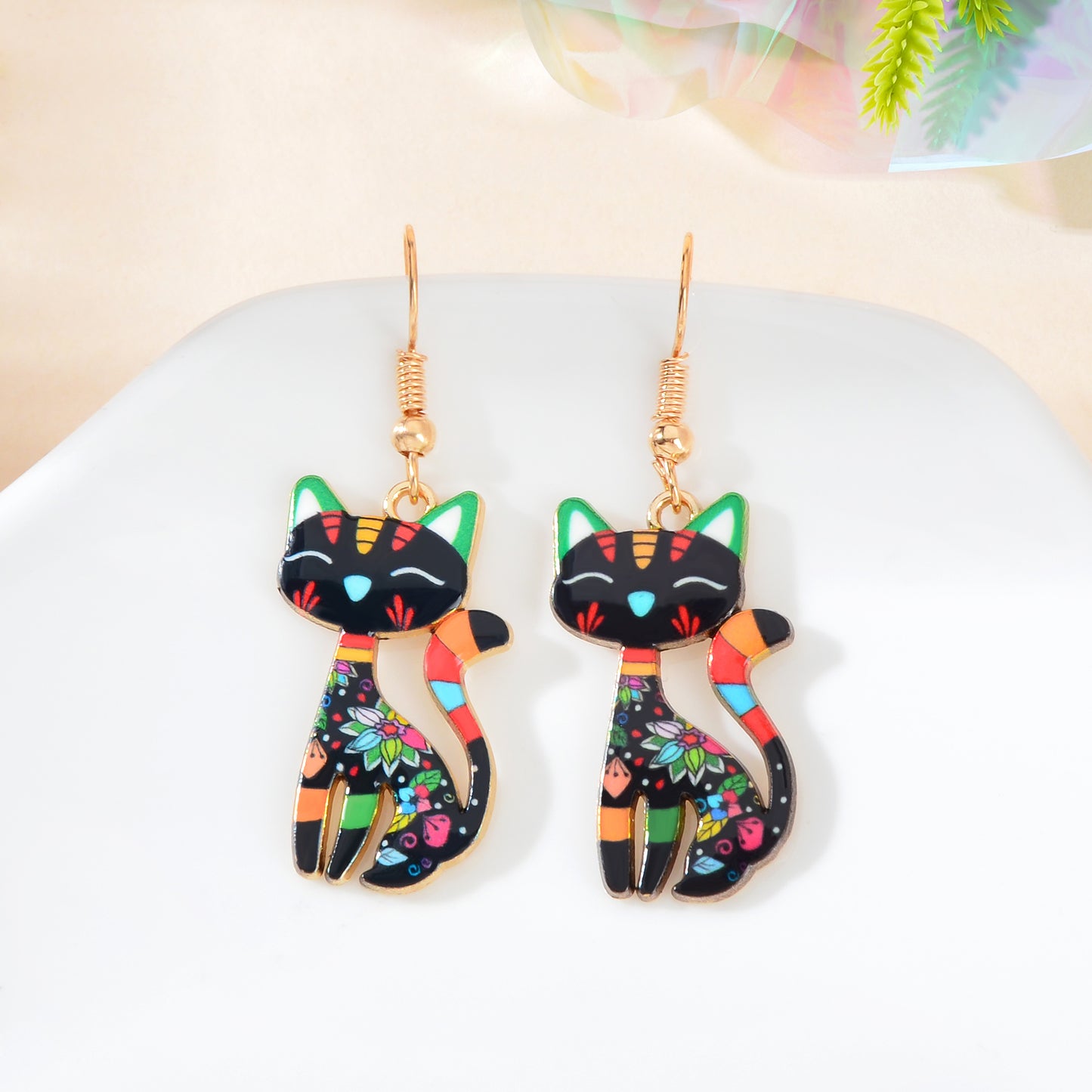 Lovely Colorful Cartoon Cat Design Animal Dangle Earrings Party Holiday Jewelry