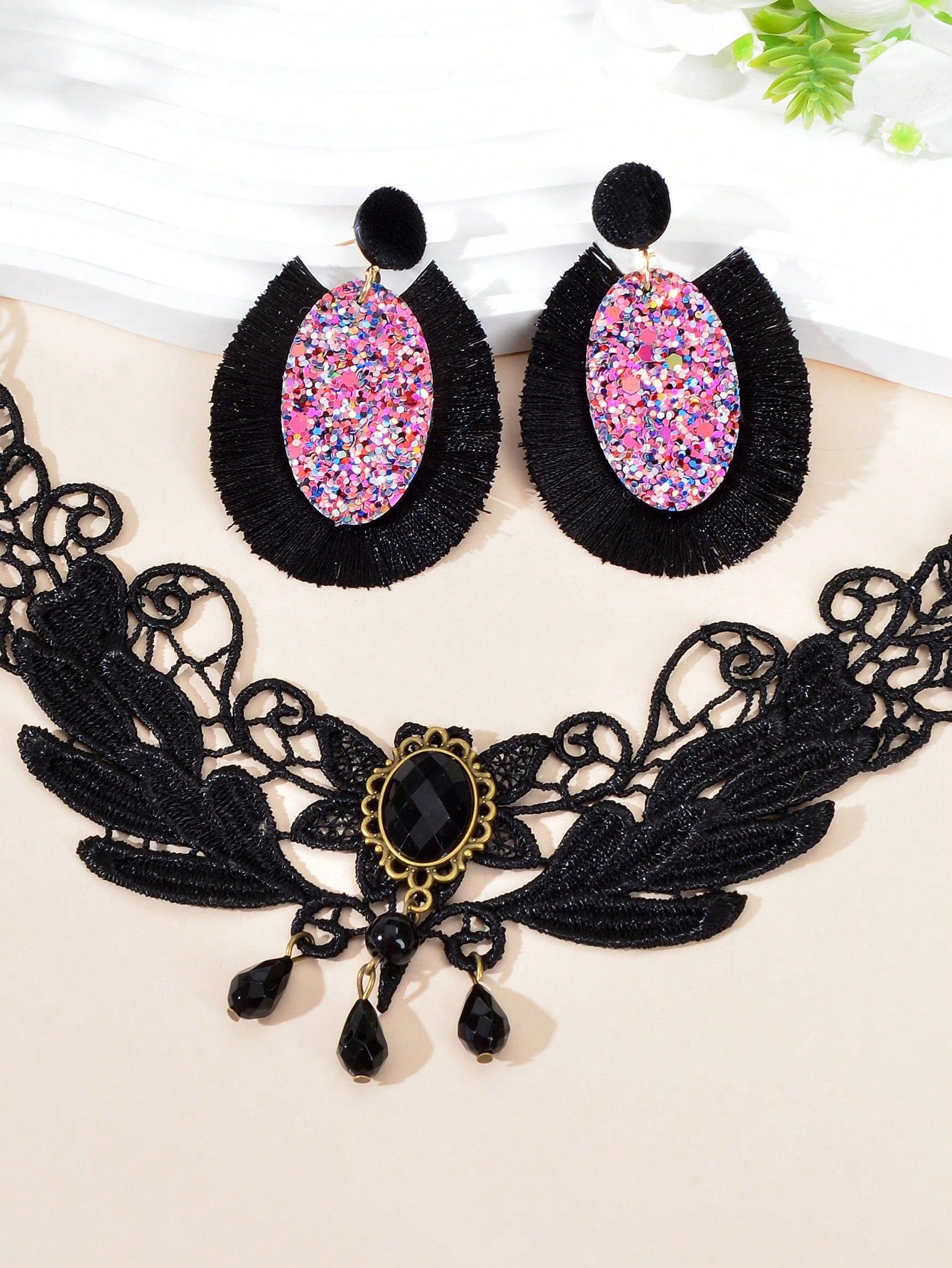 Black Punk Lace Short Necklace with Tassel Earrings Edgy Choker Jewellery Set