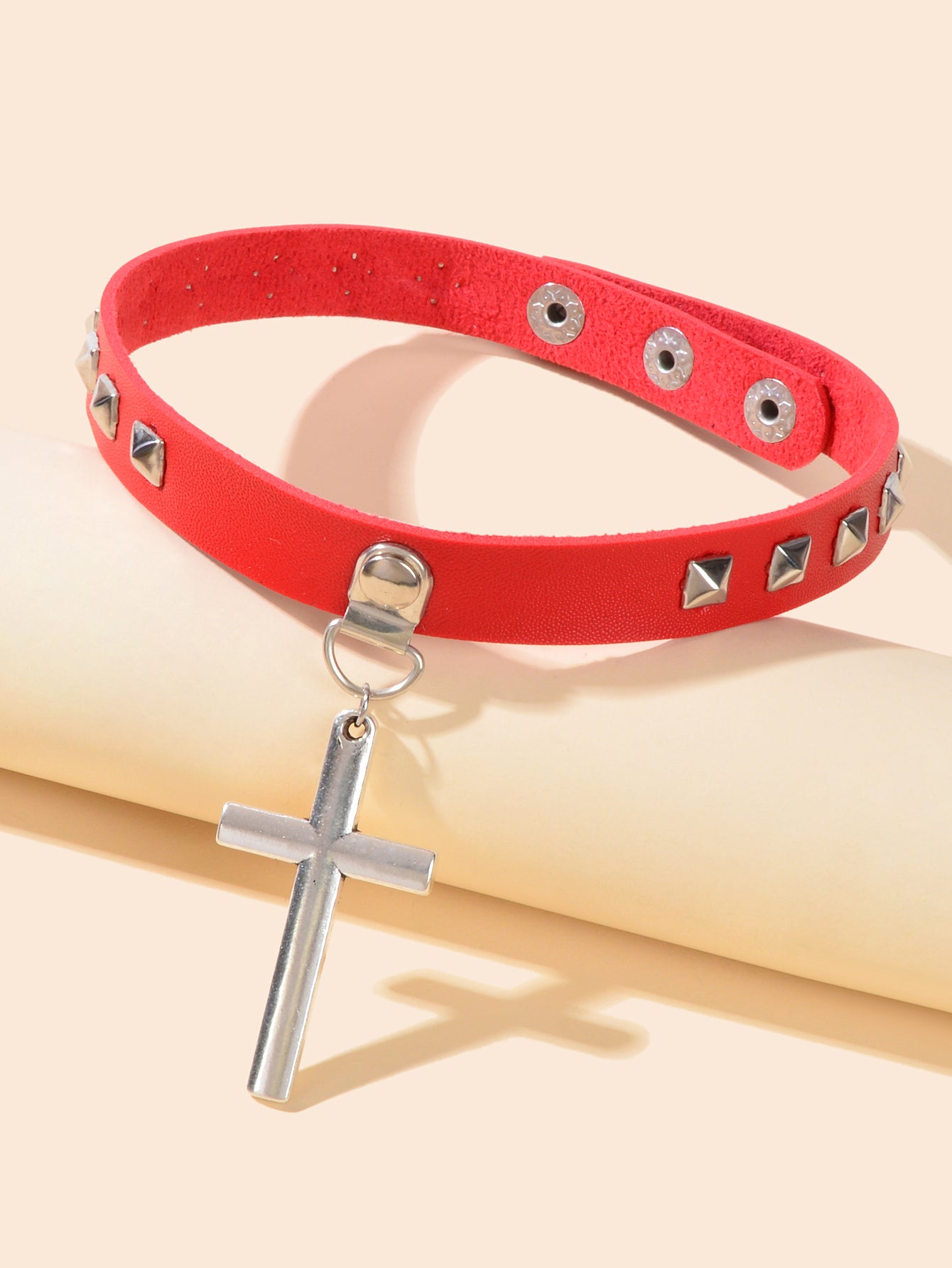 Hip Hop Red Black Pu Leather Spike Adjustable Short Choker Silver Cross Necklace