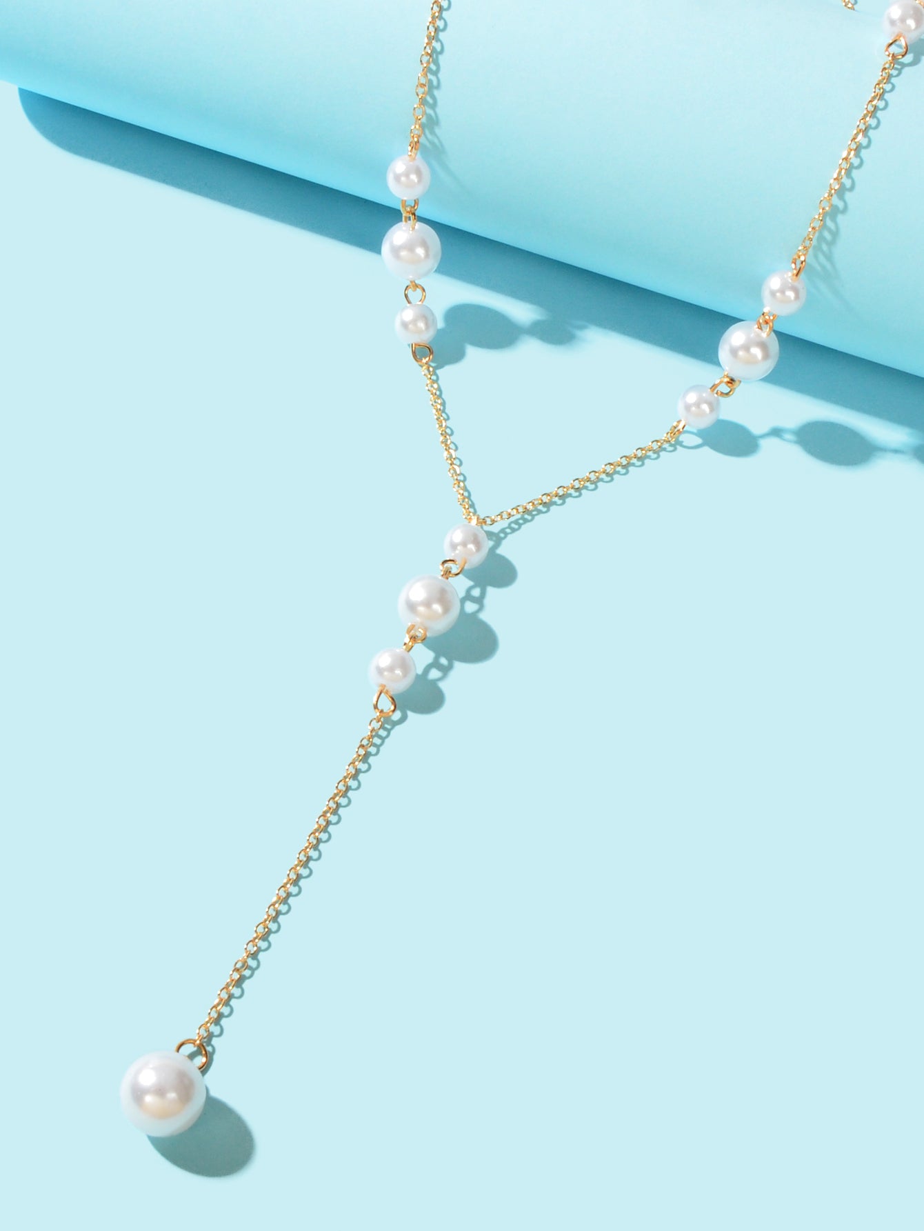Elegant Pearl Bead Decor Gold Chain Y Style Long Pendant Necklace Party Jewelry