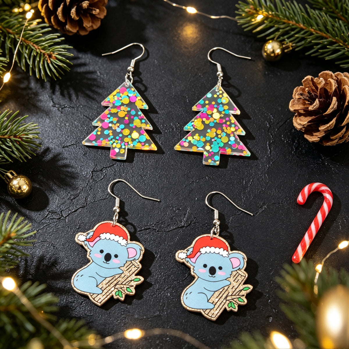 2 pairs Shiny Christmas Tree Cute Koala Earrings set Lovely Christmas Festive Jewelry set