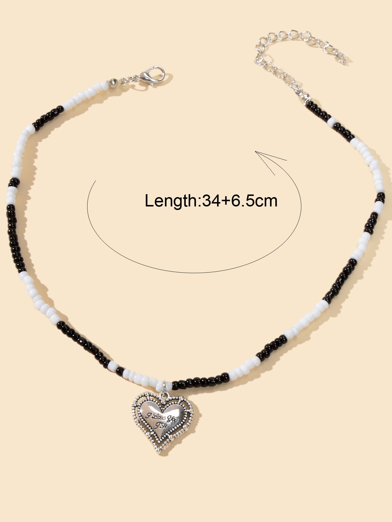 Handmade White Black Beads Chain Silver Letter Pattern Heart Charm Necklace Gift