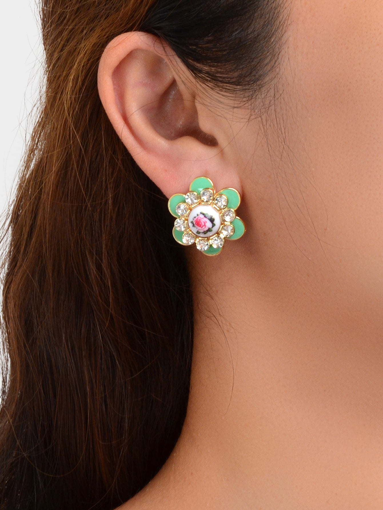 Bohemian Ethnic Rhinestone Decoration Green Enamel Flower Stud Festival Earrings