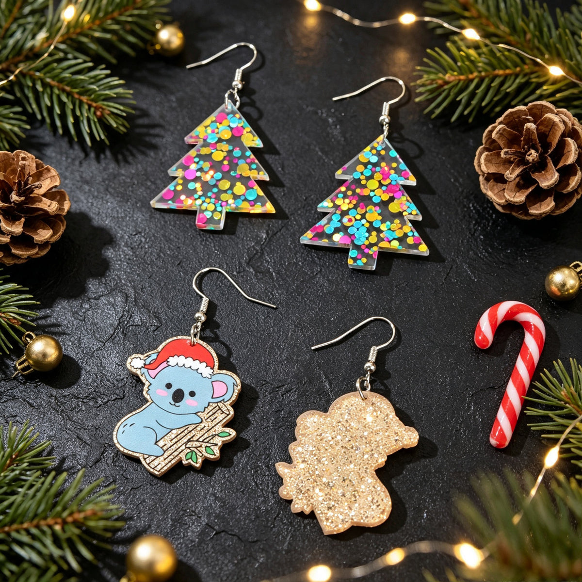 2 pairs Christmas Festival Jewelry Sequin Decor Acrylic Tree Koala Earrings set