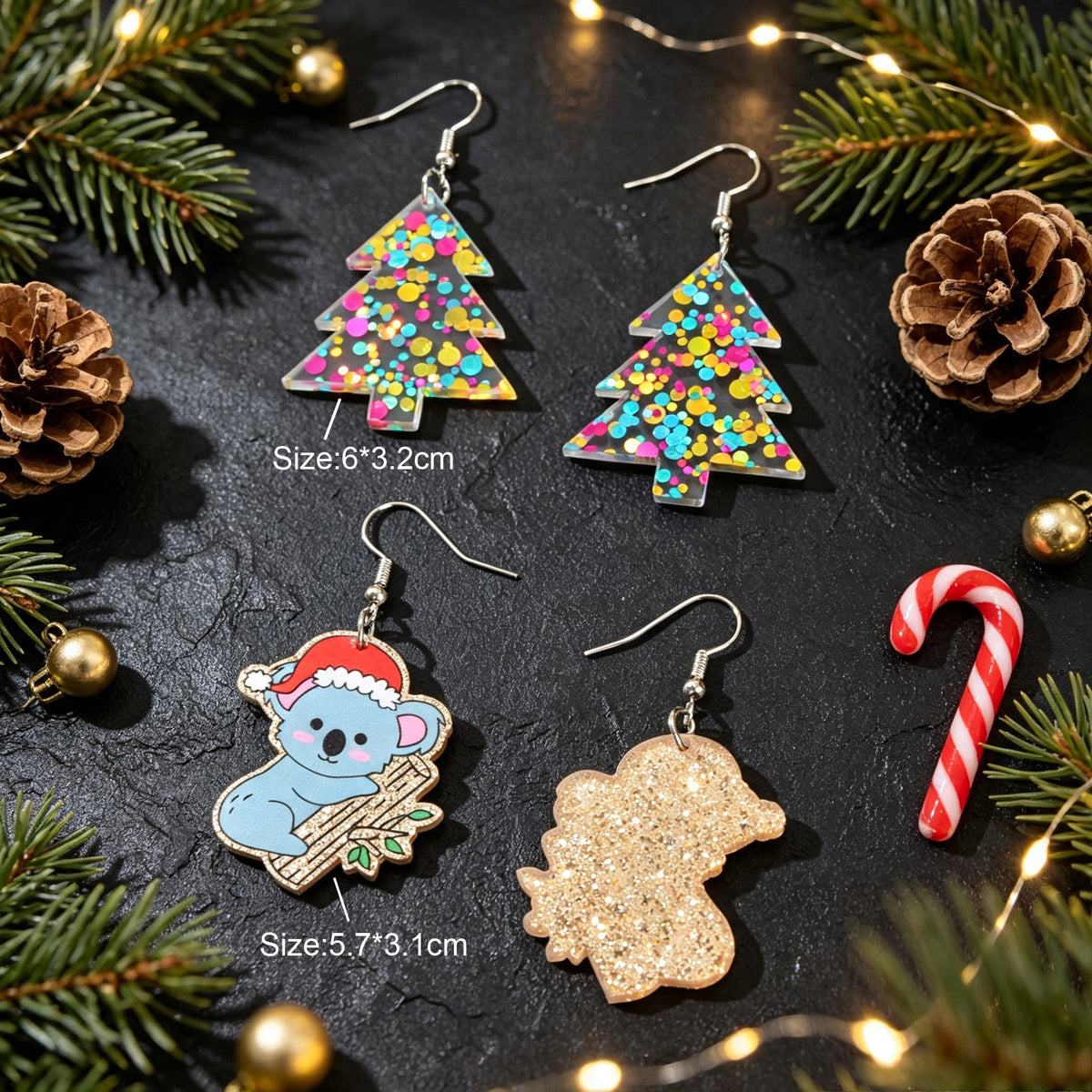 2 pairs Shiny Christmas Tree Cute Koala Earrings set Lovely Christmas Festive Jewelry set