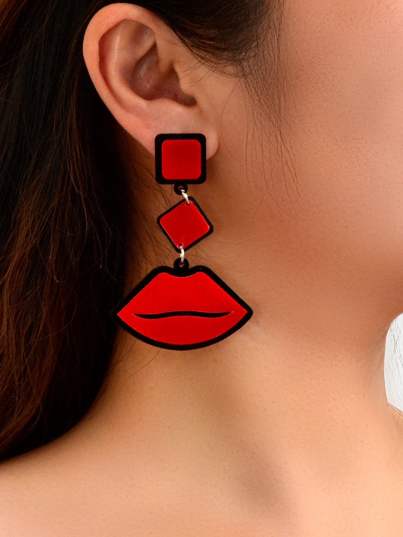 Playful Red Lips Pendant Long Stud Earrings Teenager's Expressive Fun Jewellery