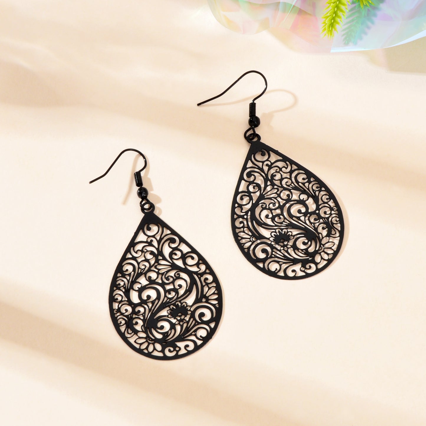 Retro Hollow Black Flower Pattern Water Drop Earrings Party Daily Prom Jewelry
