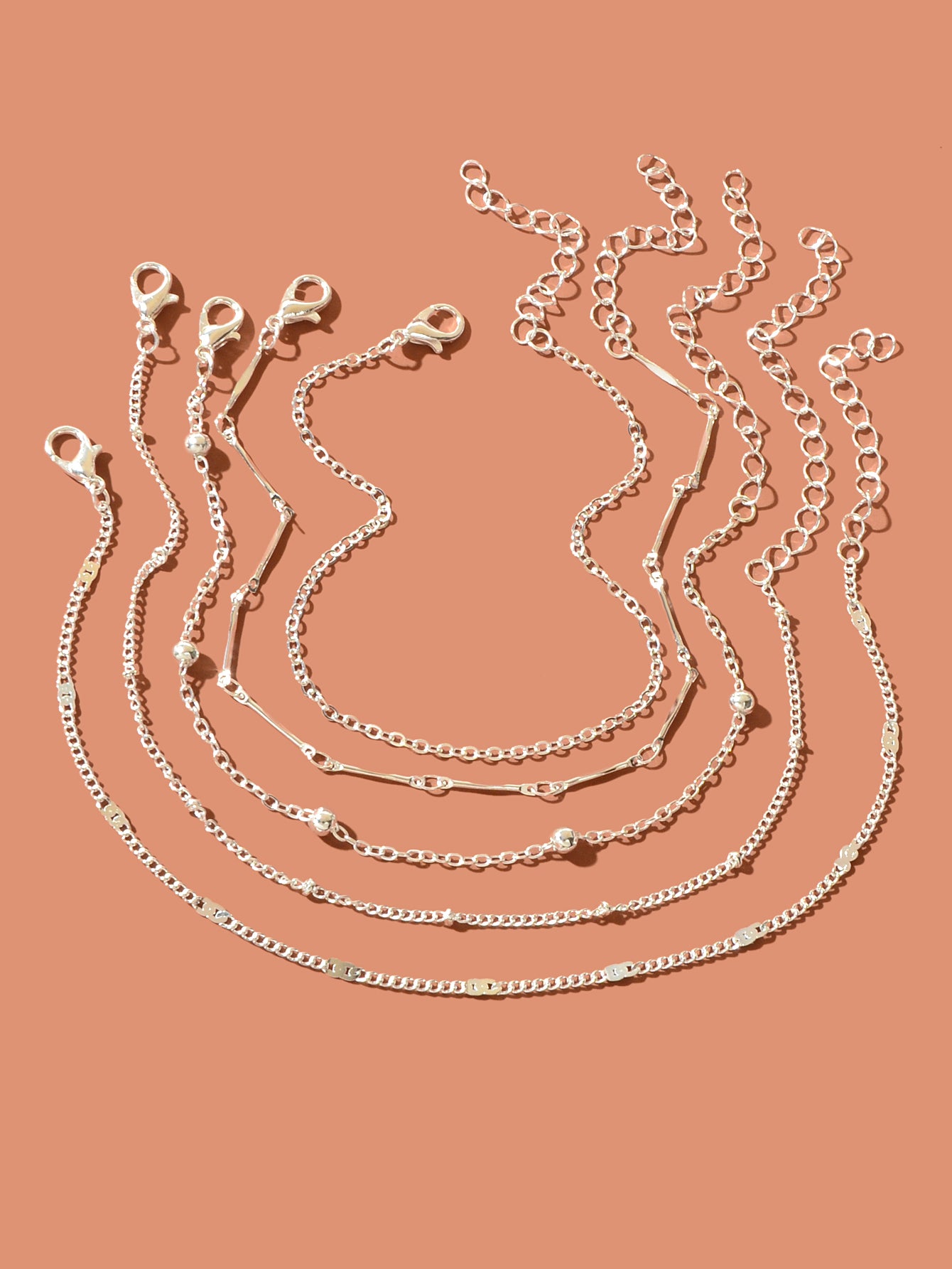 5 pcs Layered Multiple Silver Chain Stackable Anklets Beach Foot Jewellery