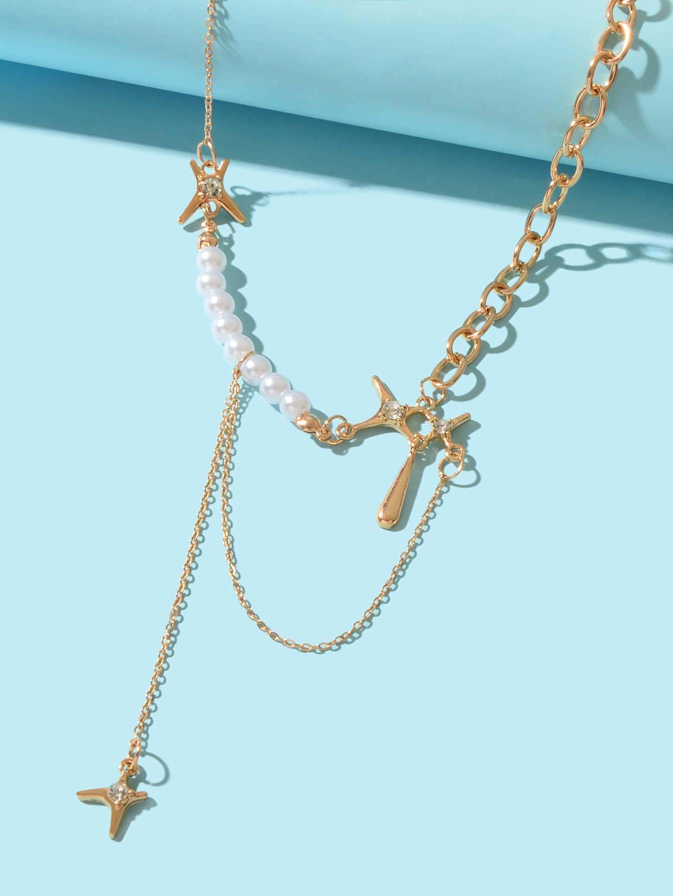 Multiple Silver Chain Star Charm Pearl Decoration Clavicle Necklace Costume Gift