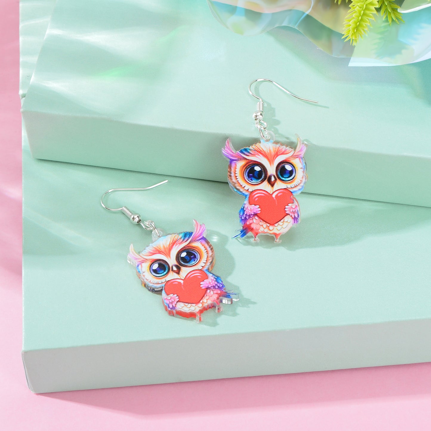 Lovely Animal Colorful Acrylic Heart Owl Dangle Earrings for Women Party Holiday Jewelry