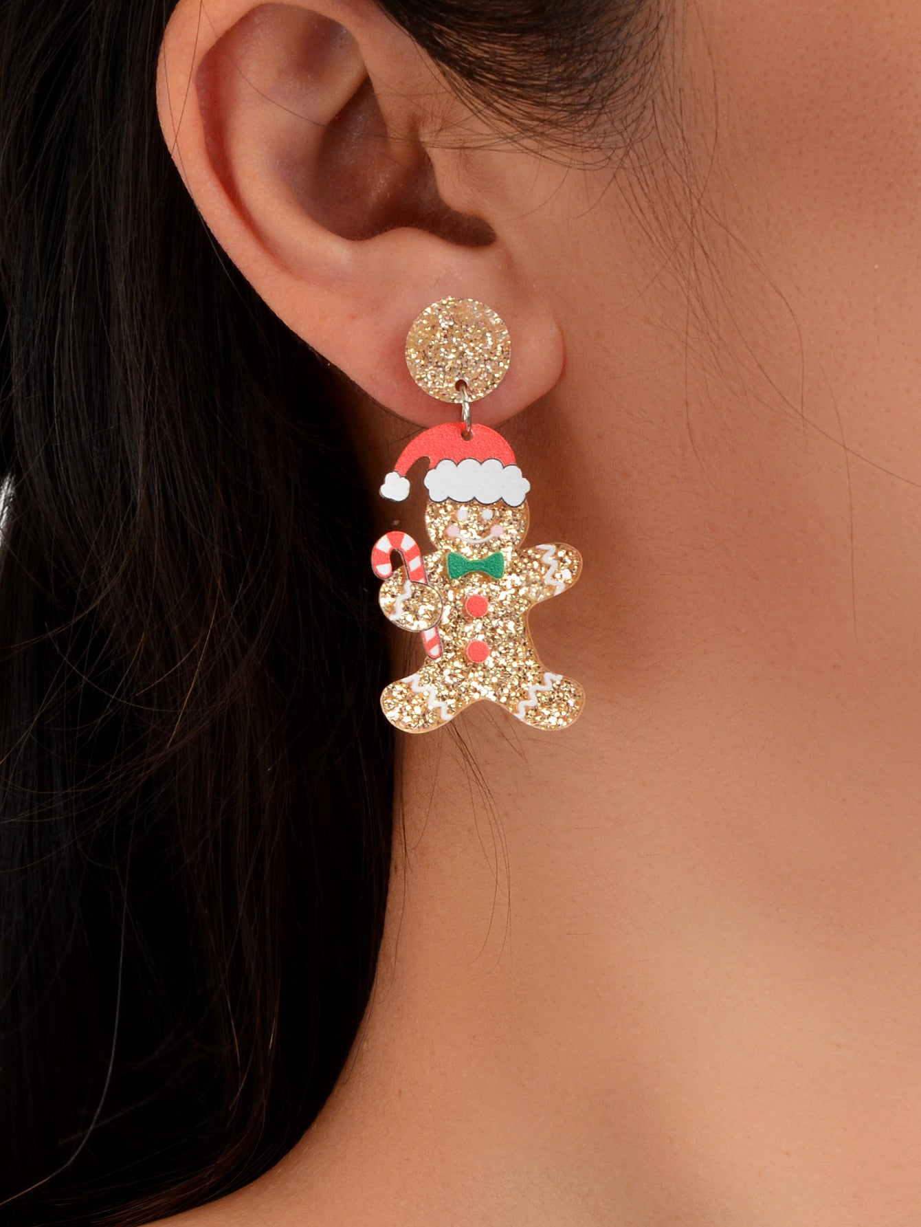 Christmas Gift Sparkling Acrylic Gingerbread Man with Candy Cane Dangle Earrings