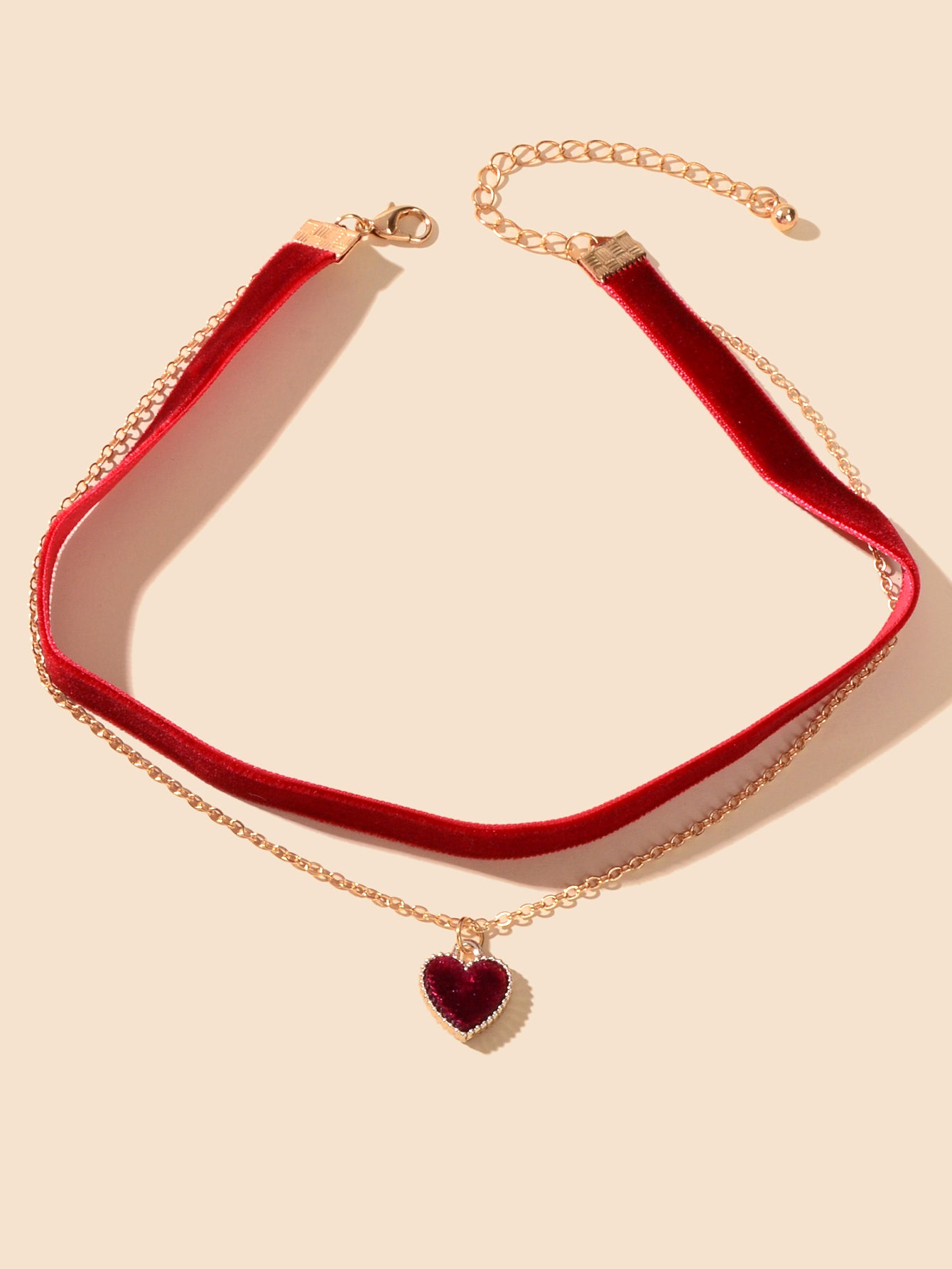 Retro Red Black Velvet Short Choker Gold Chain Double layer Heart Charm Necklace