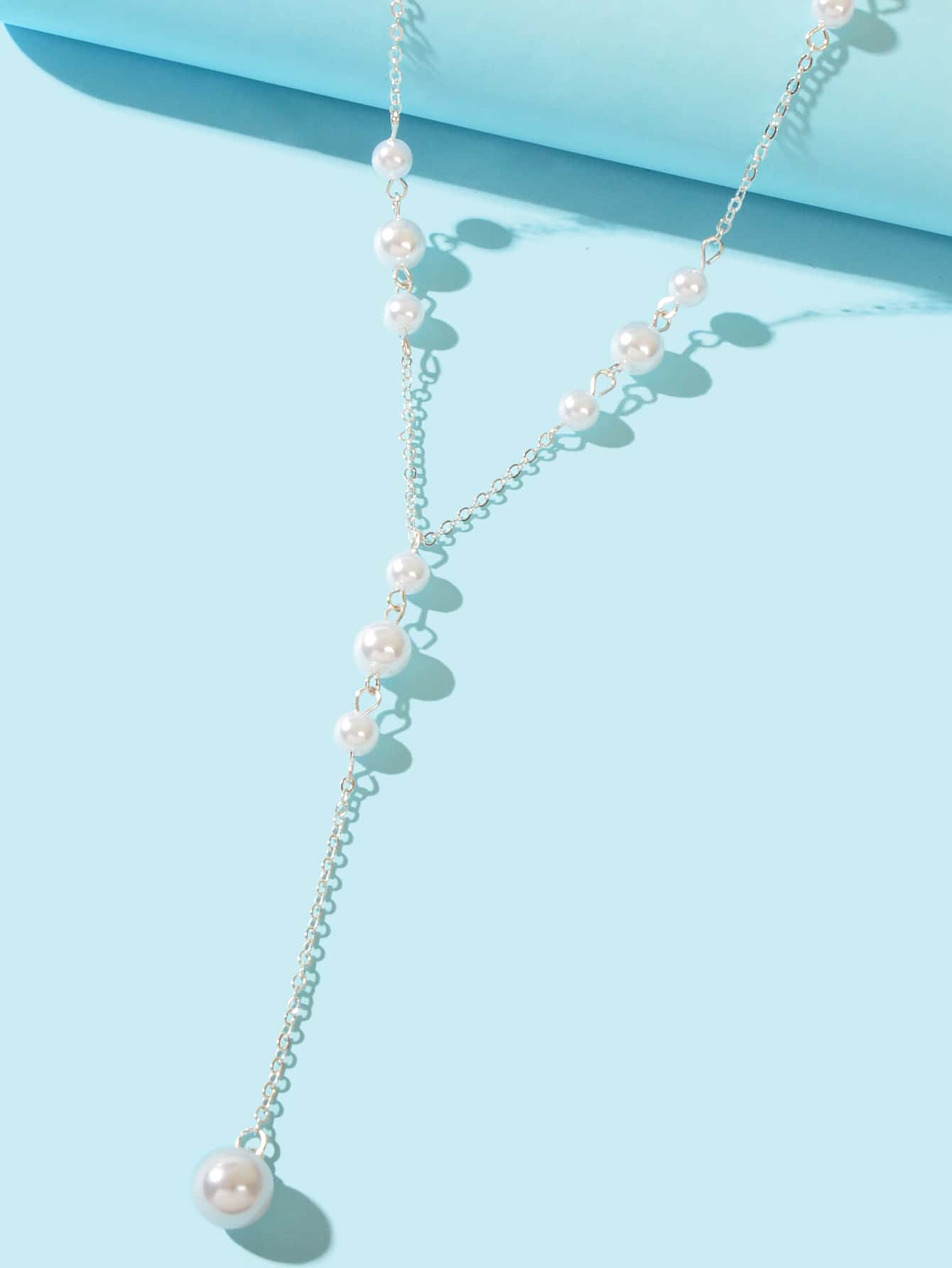 Pearl Decoration Long Gold Chain Y Shape Pendant Clavicle Necklace Teens Collar