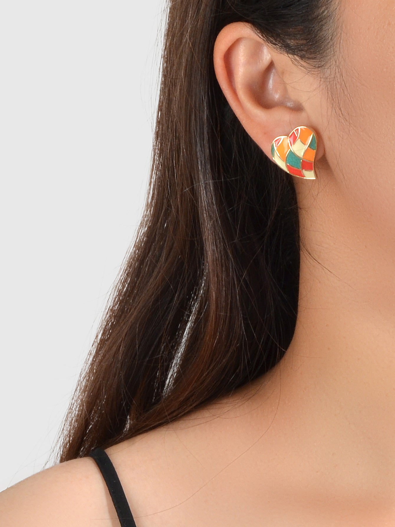 Candy Color Enamel Checkerboard Love Heart Stud Earrings Retro Trendy Accessory