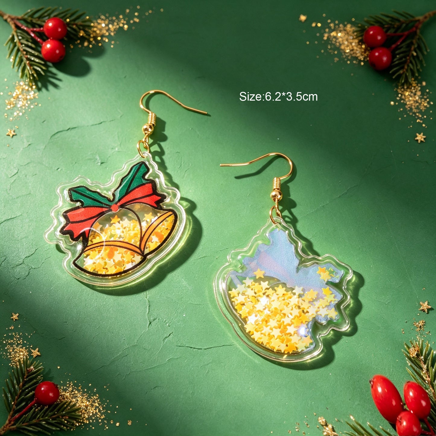 Glitter Christmas Bell Acrylic Dangle Earrings Star Bow Decor Cute Festive Gathering Jewelry Gift