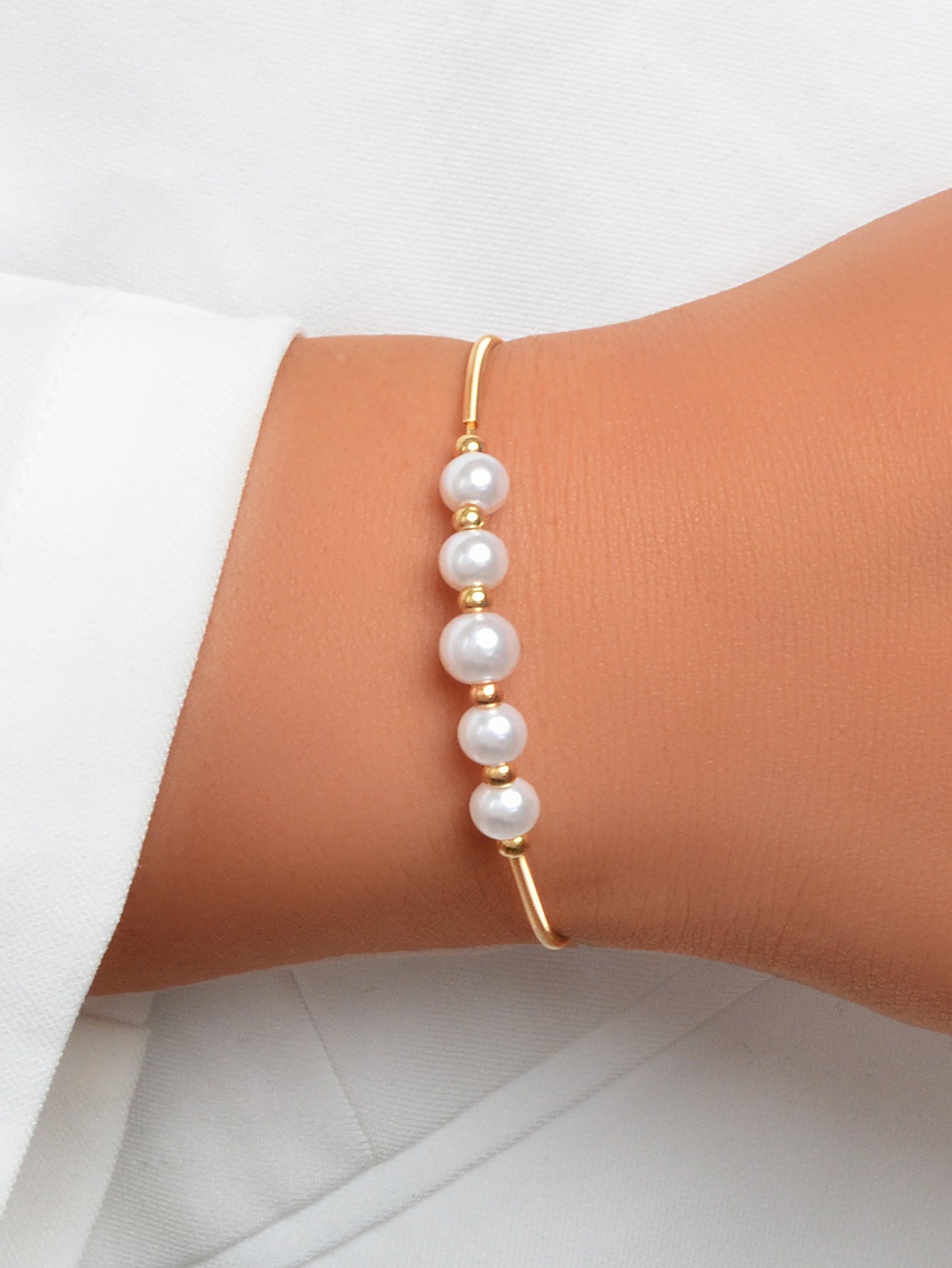 Women Delicate Pearl Decor Cuff Bangle Gold Plated Jewellery Classic Bracelet