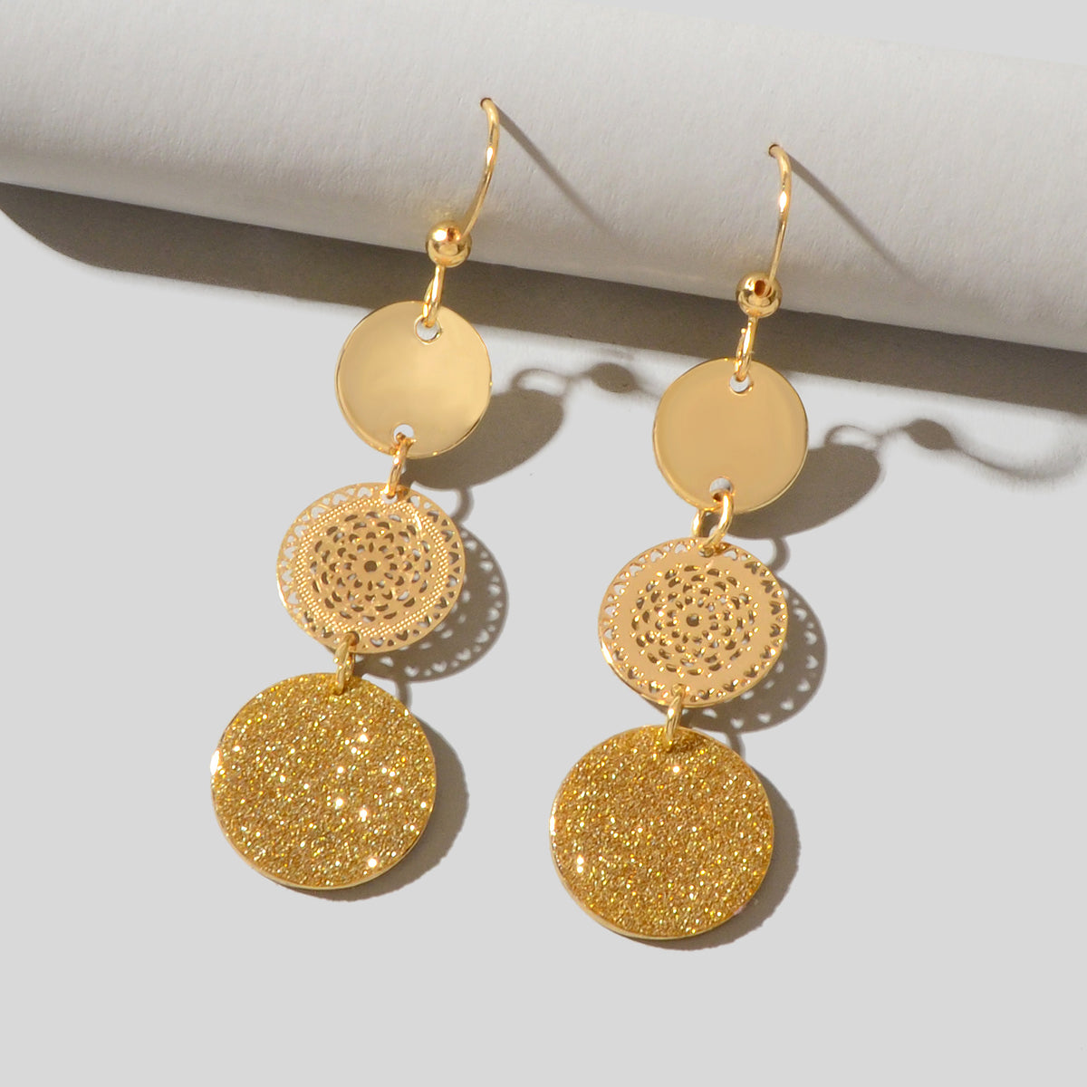 Chic Triple Round Disc Pendants Earrings Stylish Dangling Ear Jewelry Girls Gift