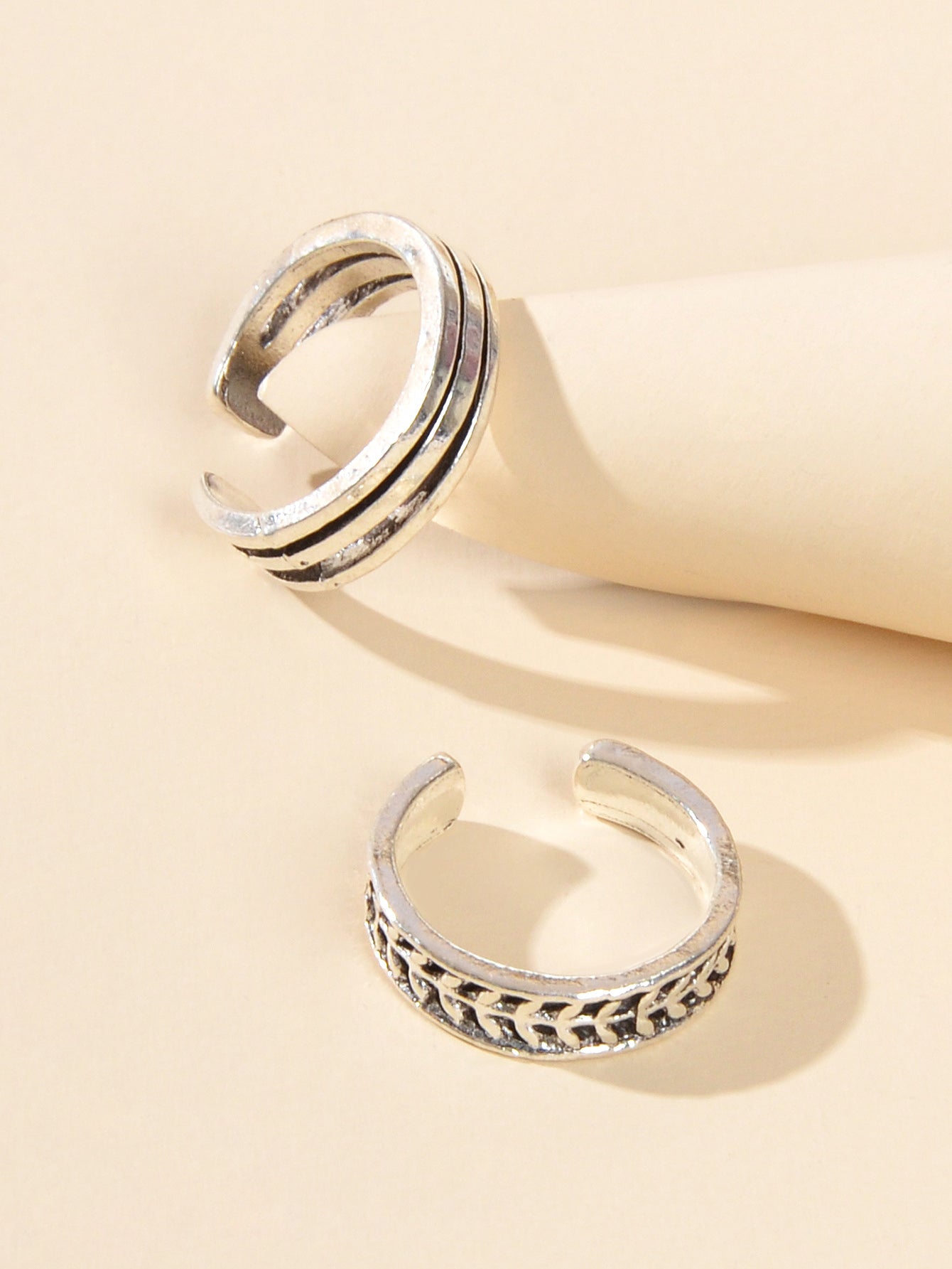 2 pcs Vintage Silver Teens Carved Leaf Multiple Stackable Open Cuff Toe Rings