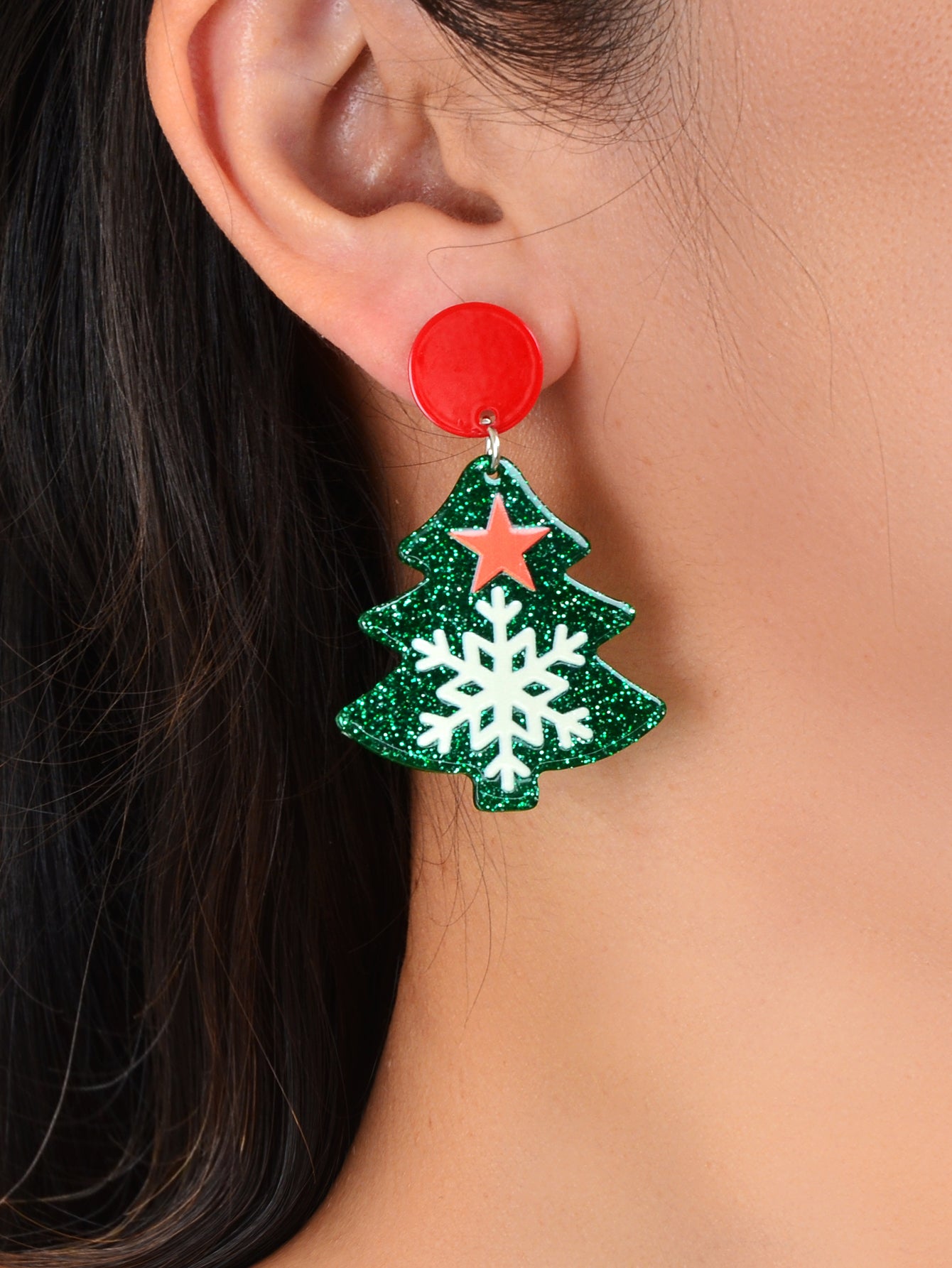Green Christmas Tree with Star Snowflake Acrylic Stud Earrings Festival JewelryFestival Jewelry