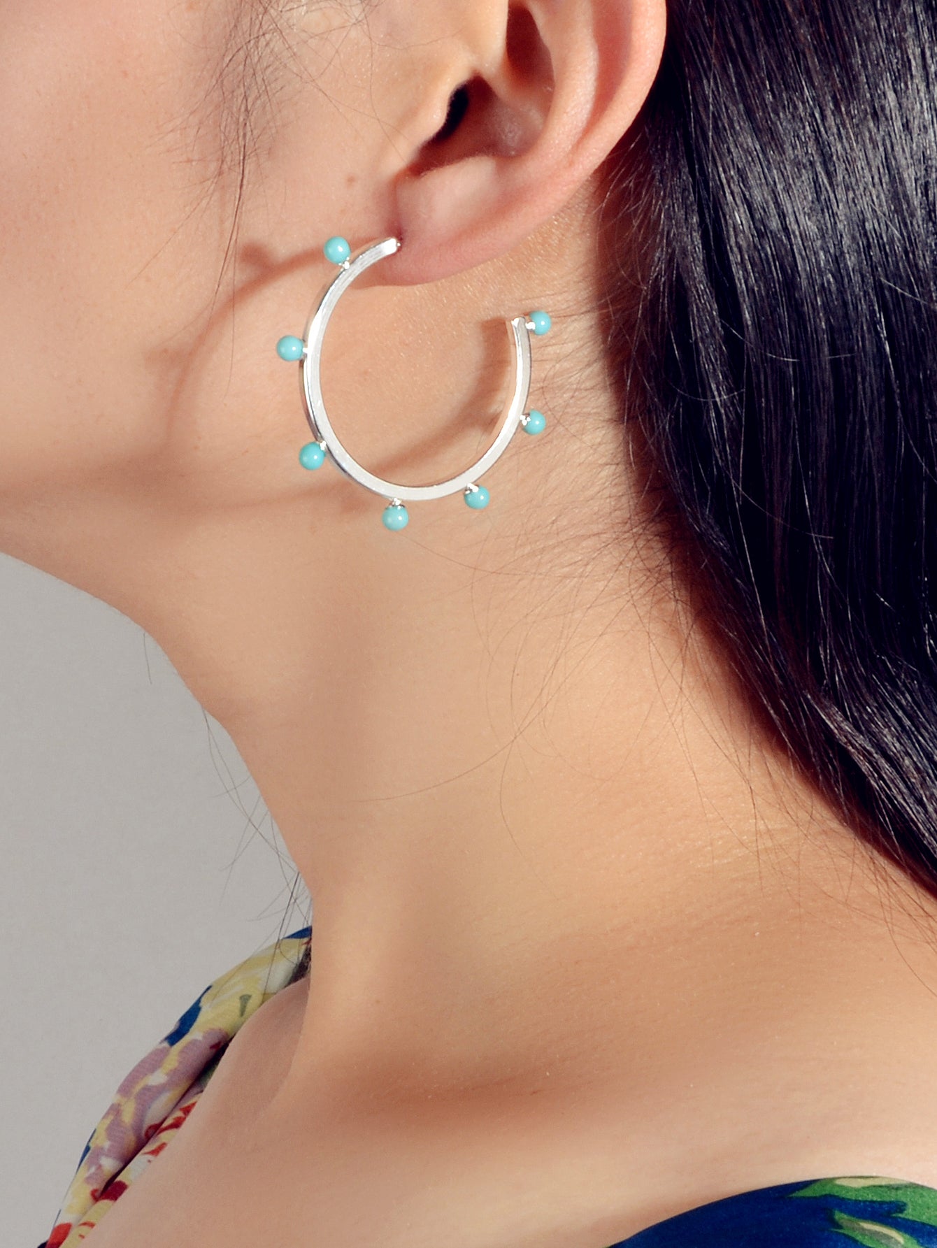 Designer Stylish Blue Hotpink Beads Silver Circle C Hoop Huggie Stud Earrings