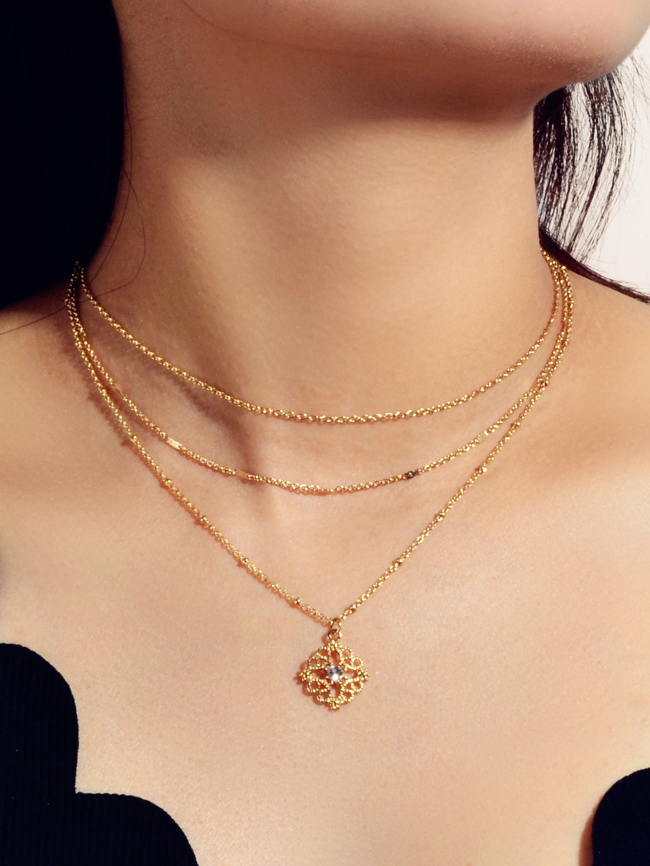 3pcs Female Jewelry Beautiful Multiple Gold Chain Flower Pendant Trendy Necklace