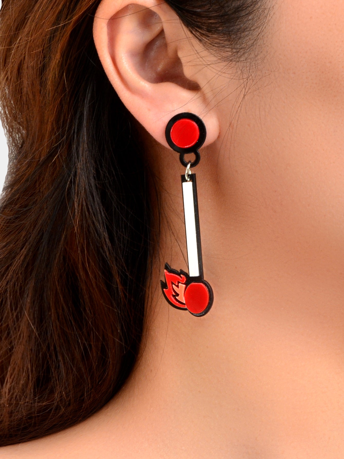 Asymmetrical Personality Accessories Red Acrylic Match Pendant Pierced Earrings