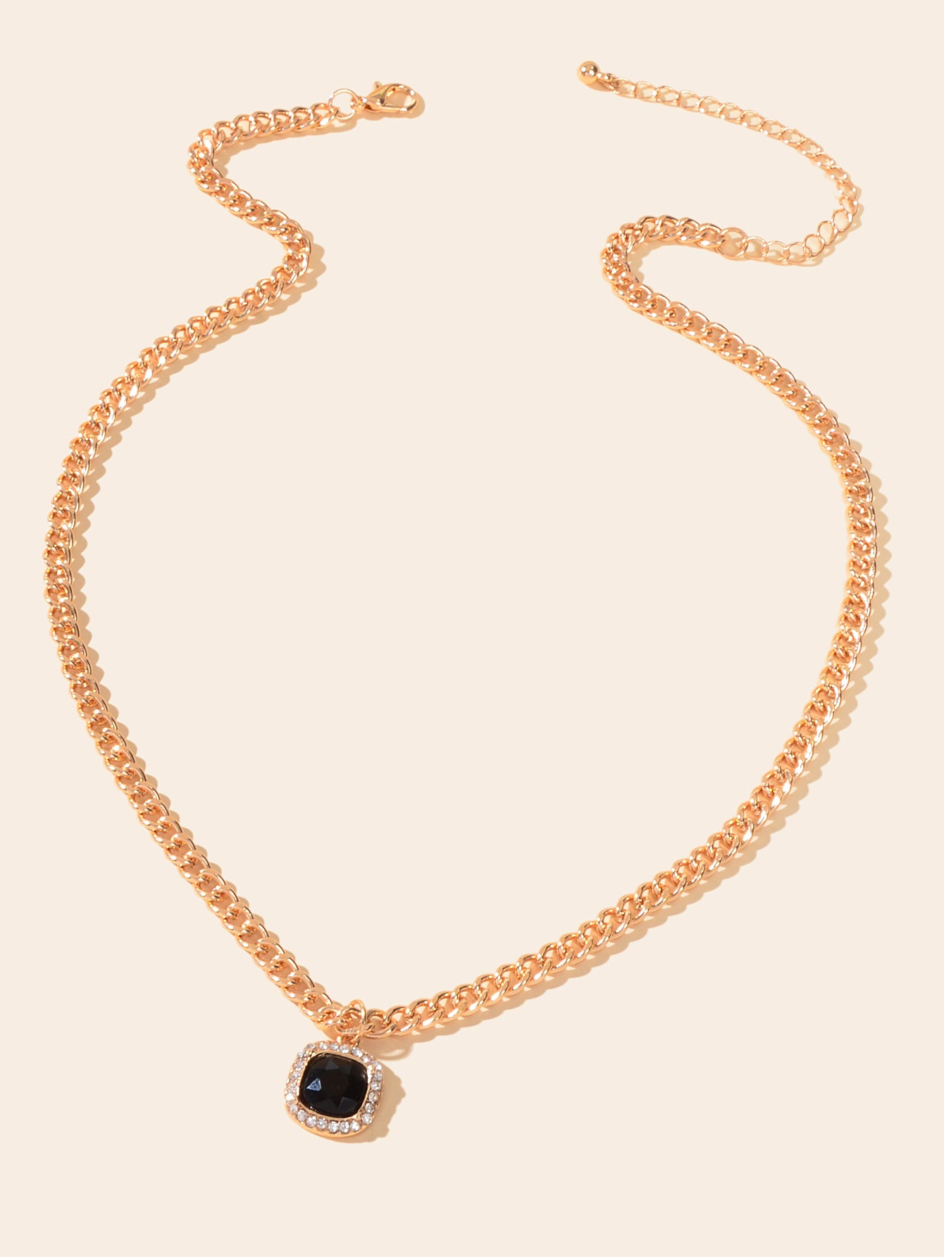 Exquisite Gold Chain Rhinestone Decor Black Square Pendant Women Dinner Necklace