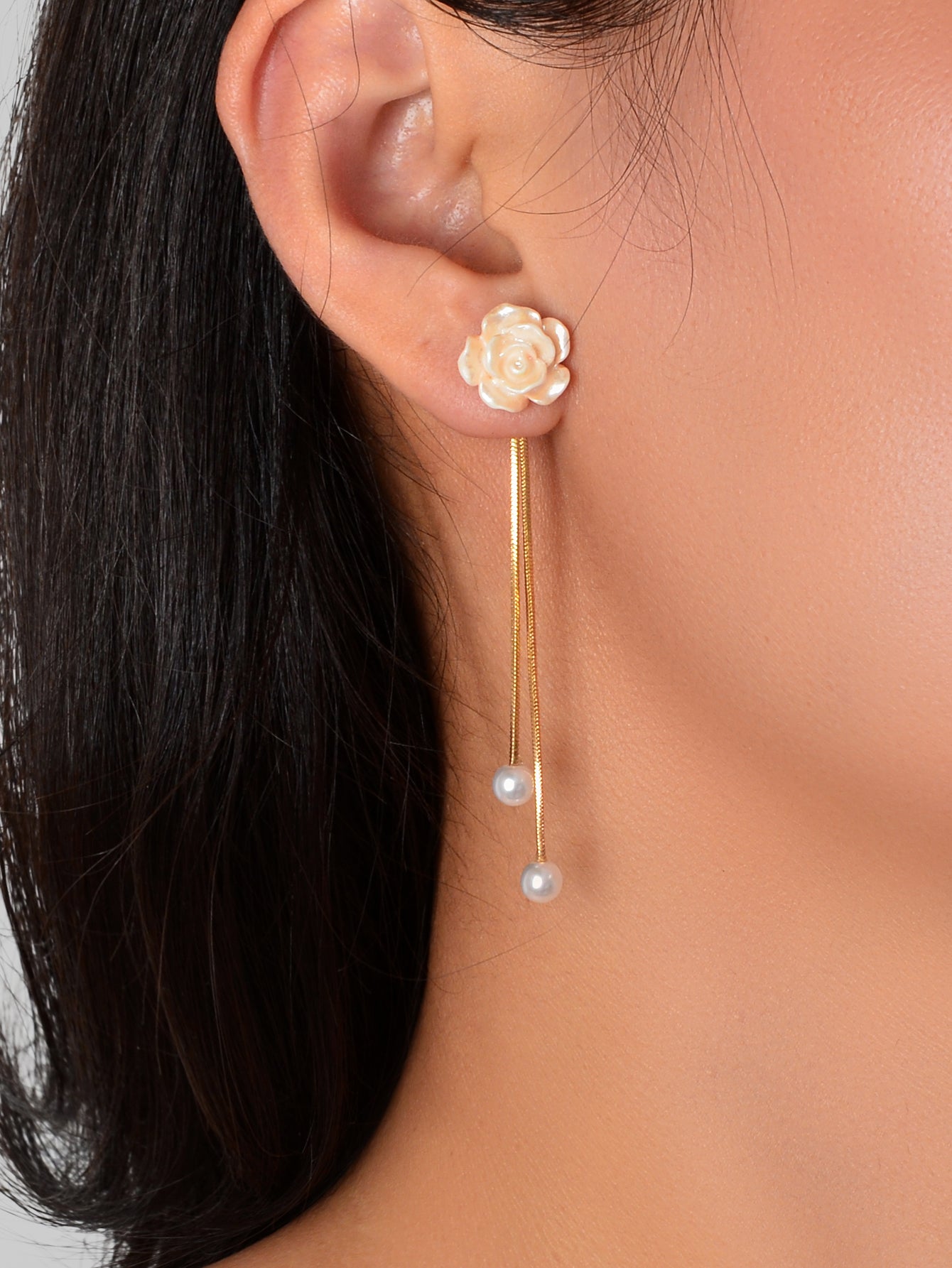 Romantic Resin Flower Pearl Charm Long Gold Chain Pendant Earrings Women Date