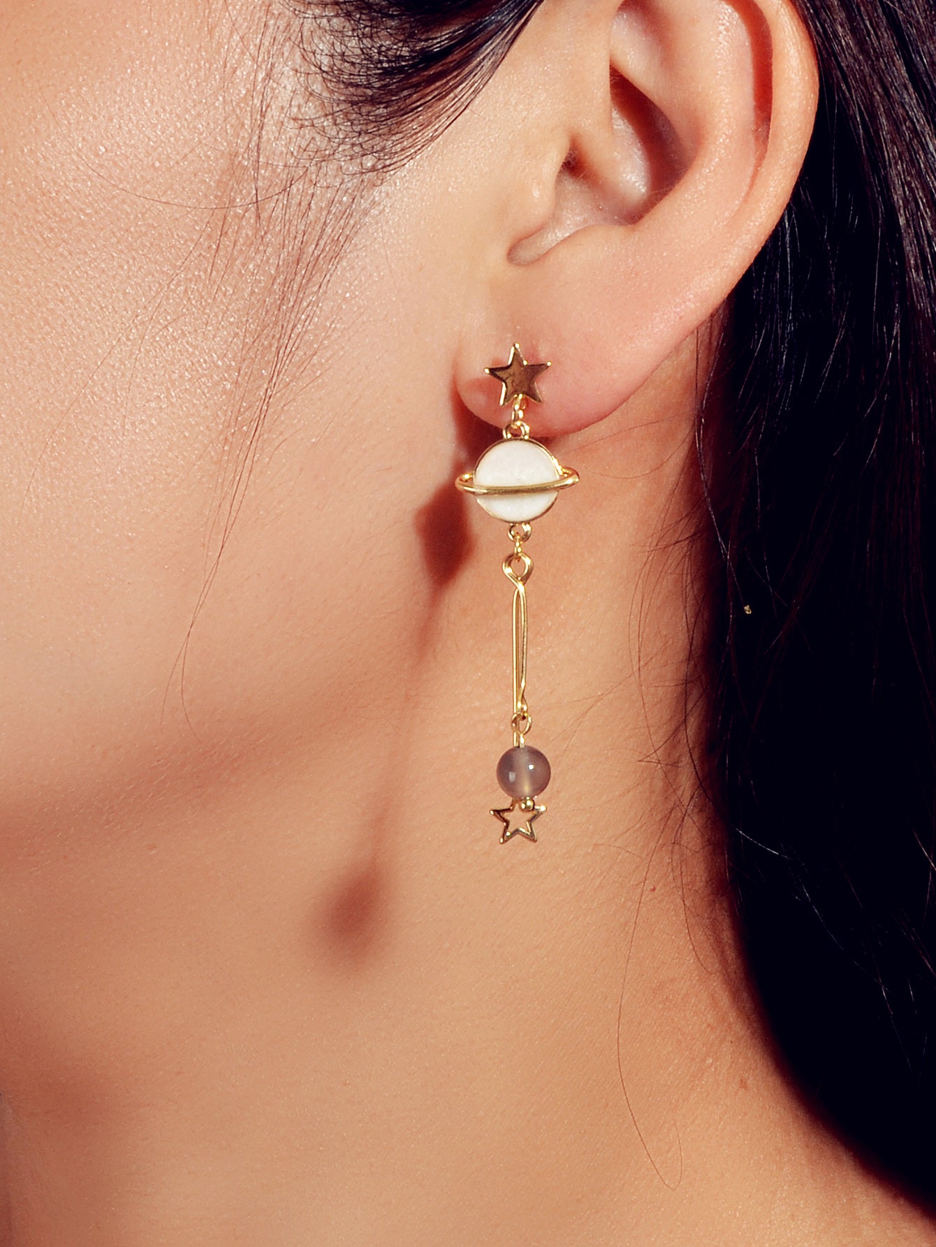 Stunning Gold Chain White Moon Planet Star Charm Stud Drop Asymmetric Earrings