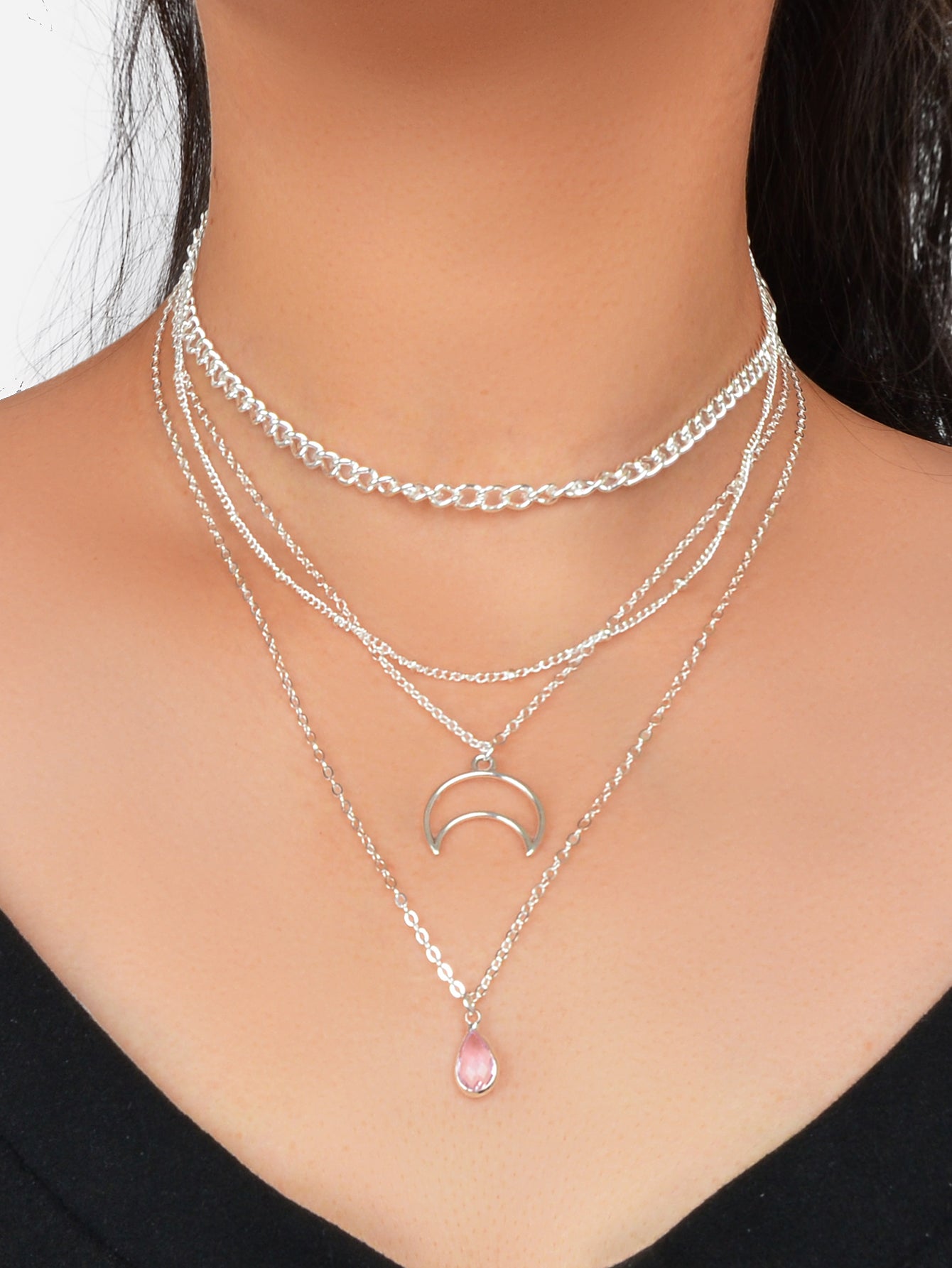 Multi-layer Gold Tone Chain Moon Water Drop Pendant Necklace Girls Party Jewelry