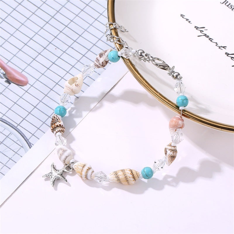 Boho Chic Handmade Shell Anklet Starfish Turquoise Bead Foot Chain Beach Jewelry