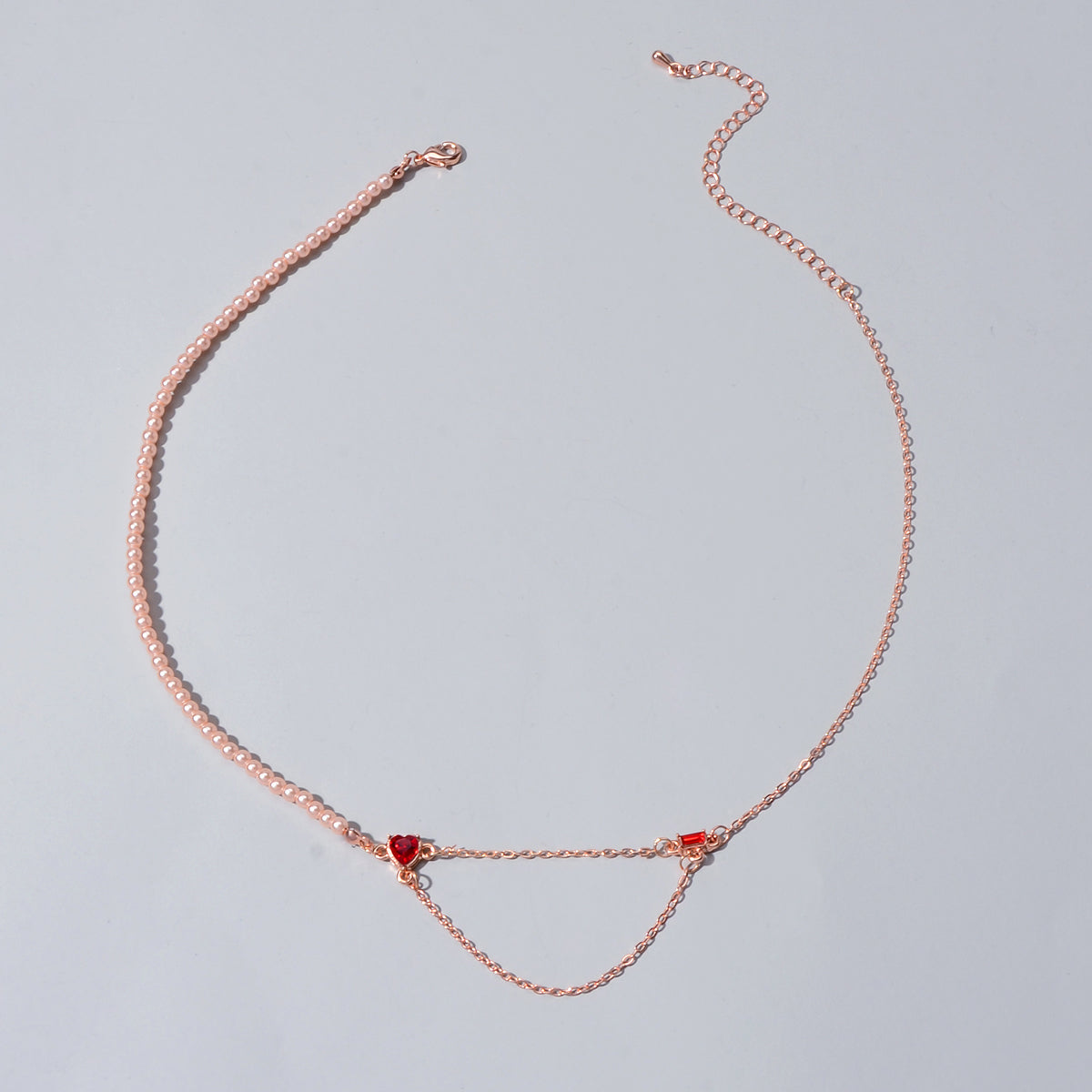 Perfect Engagement Gift Rosegold Chain Pearl Heart Sqaure Red Crystal Necklace