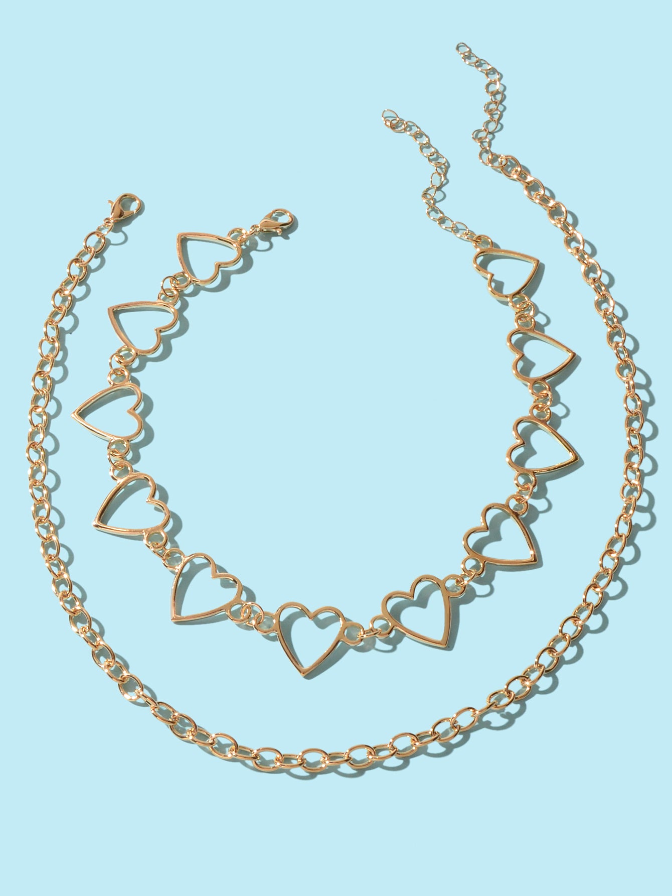 2pcs Gold Hollow out Heart Double layer Chain Clavicle Necklace Trendy Jewellery