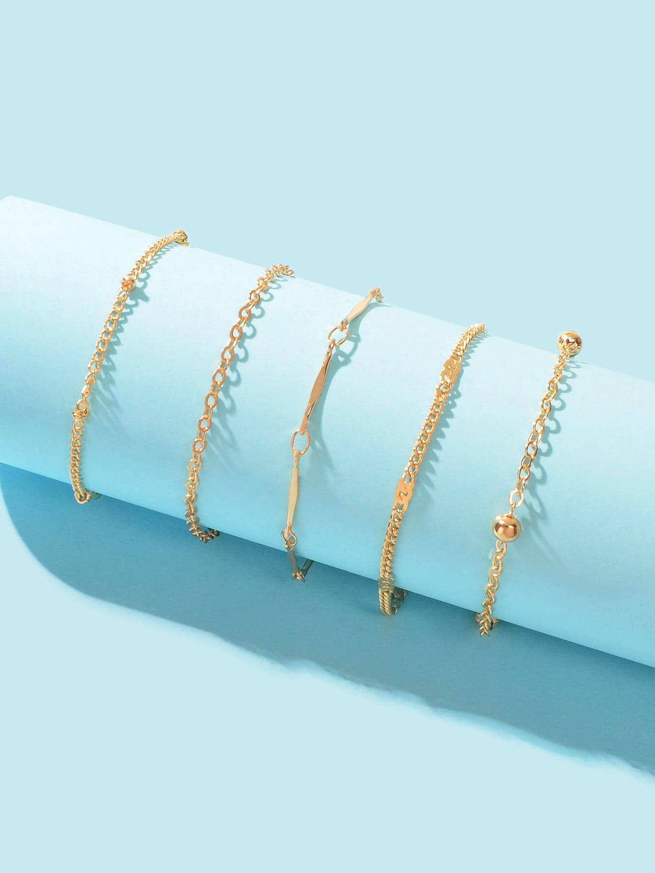5 pcs Layered Multiple Silver Chain Stackable Anklets Beach Foot Jewellery