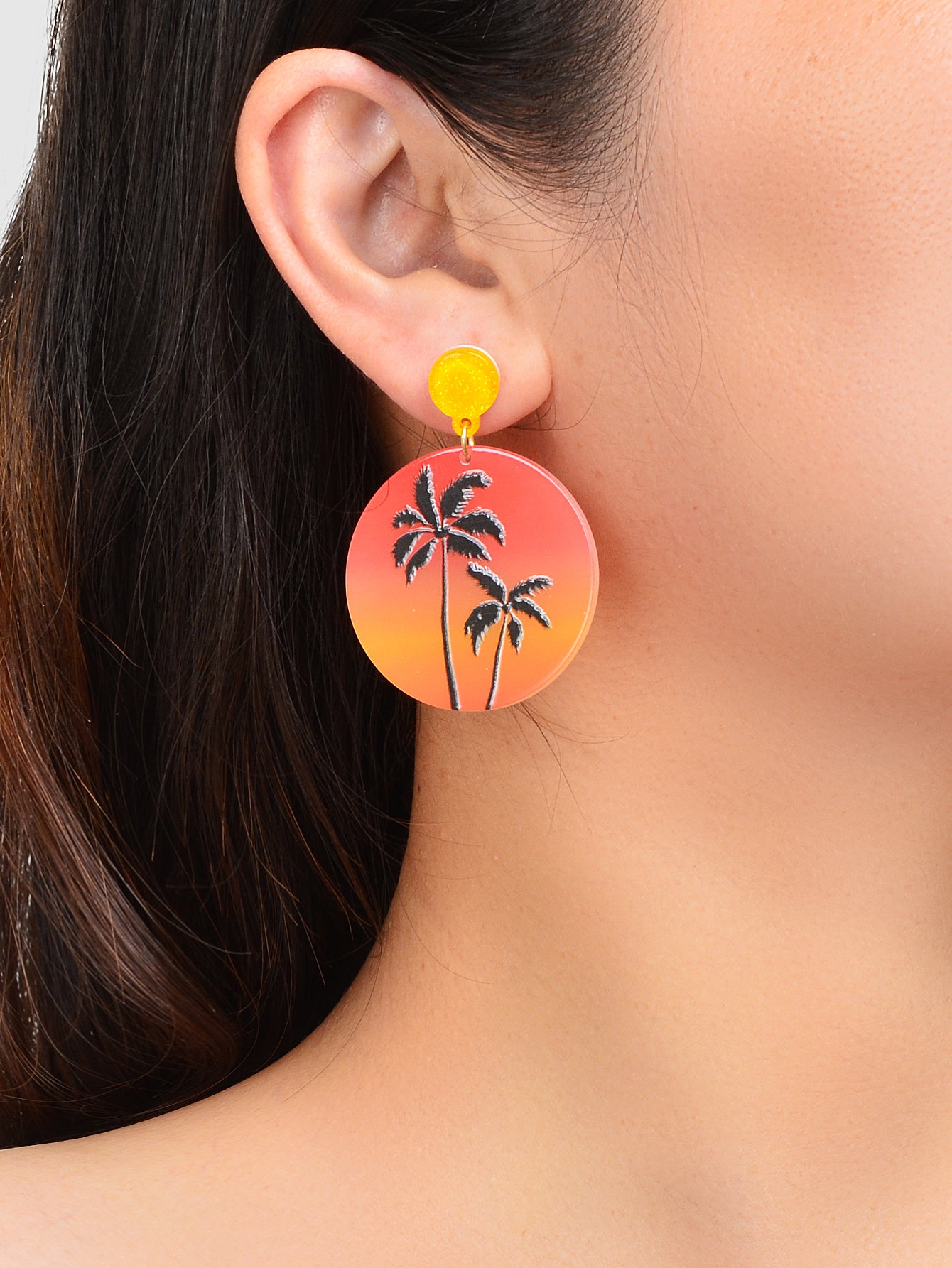Boho Chic Coconut Tree Pattern Round Orange Acrylic Dangle Earrings for Holiday