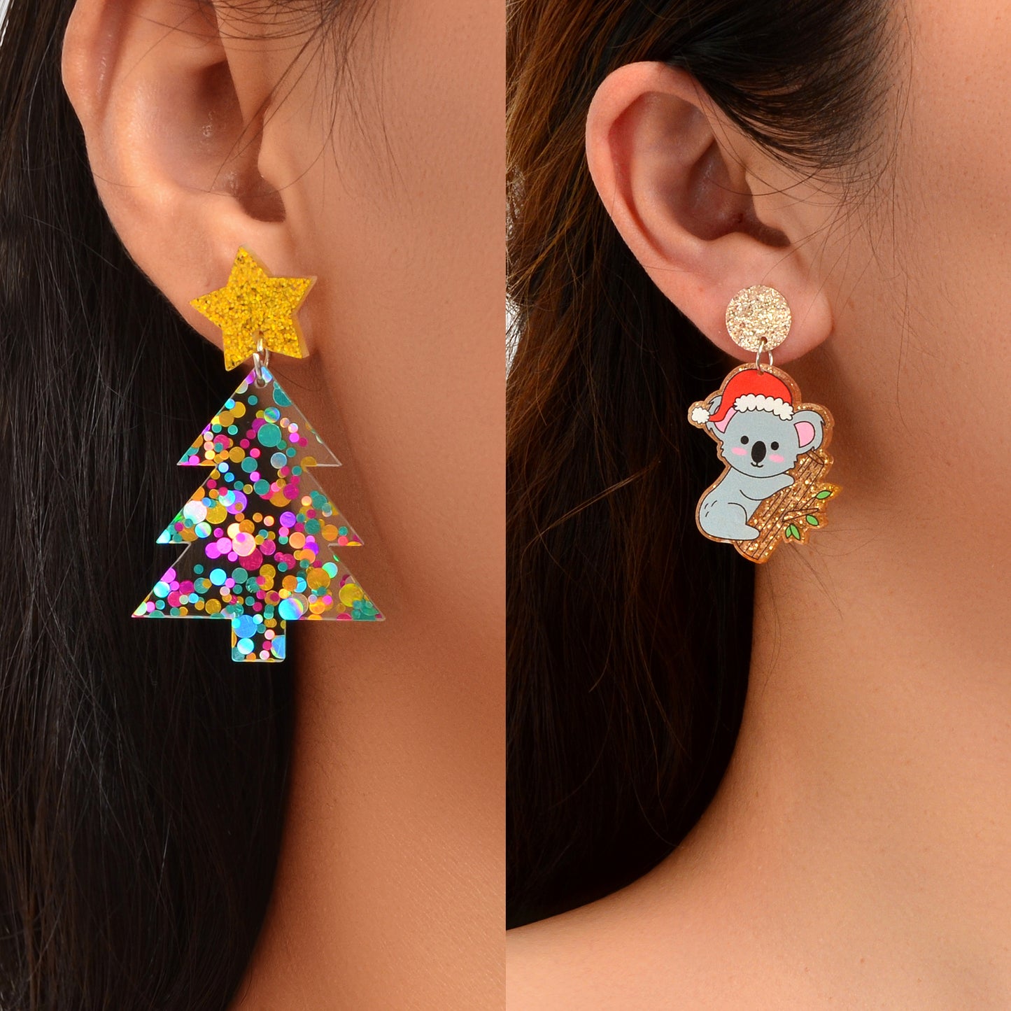 2 pairs Christmas Festival Jewelry Sequin Decor Acrylic Tree Koala Earrings set