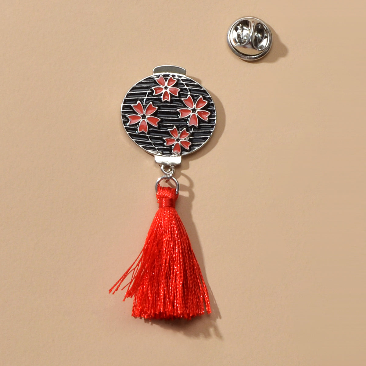 Chinese Ethnic Style Red Flower Black Lantern Brooch with Tassel Lapel Pin Badge