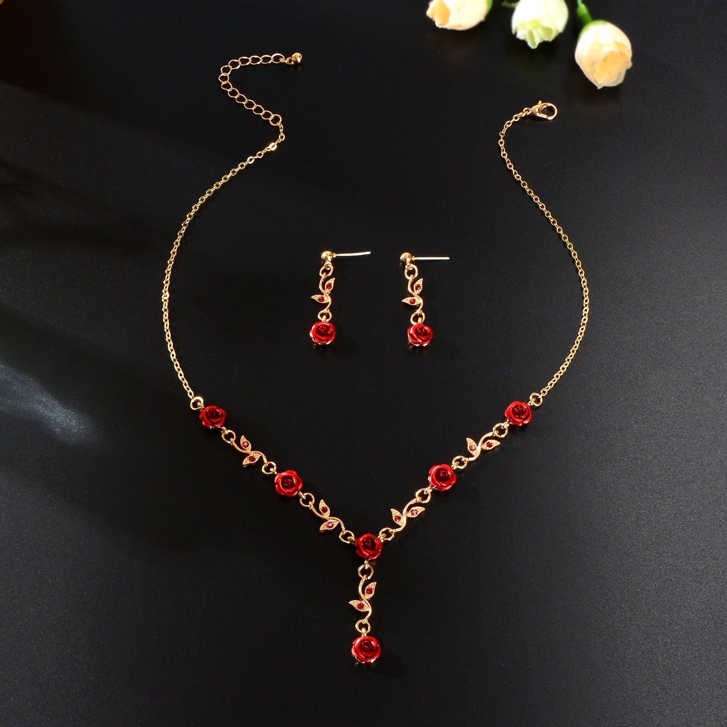 Golden Leaf Red Hot Pink Flower Pendant Necklace Dangle Earrings Jewellery set