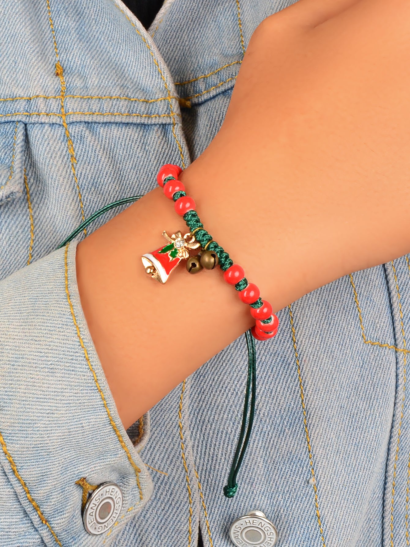 Xmas Gift Jewellery Green Braided Rope Red Beaded Bell Charm Adjustable Bracelet